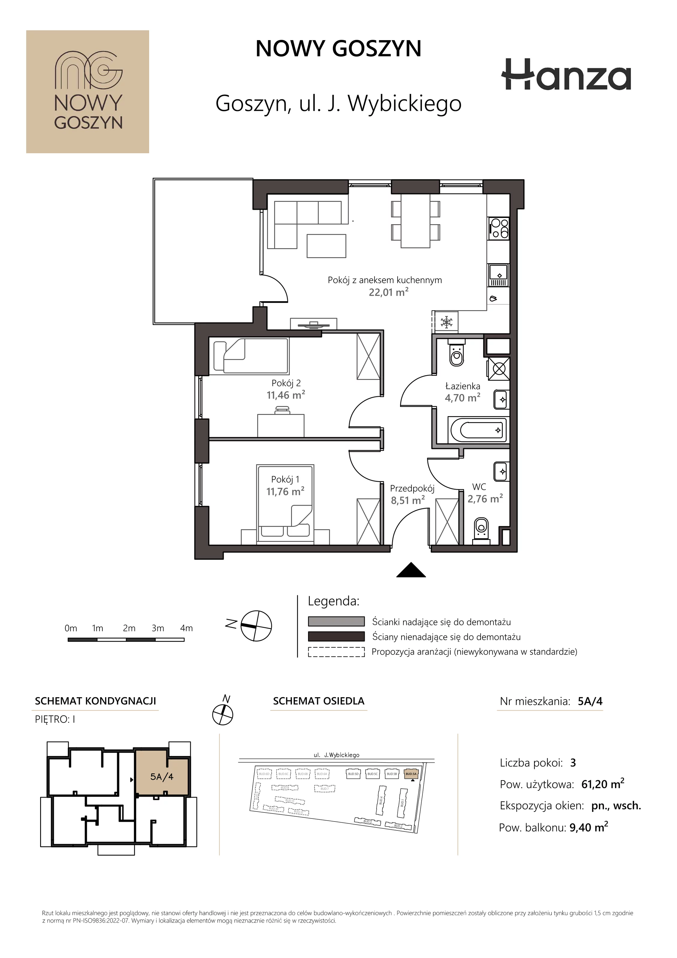 3 pokoje, mieszkanie 61,20 m², piętro 1, oferta nr 5A/4, Nowy Goszyn, Goszyn, ul. Józefa Wybickiego