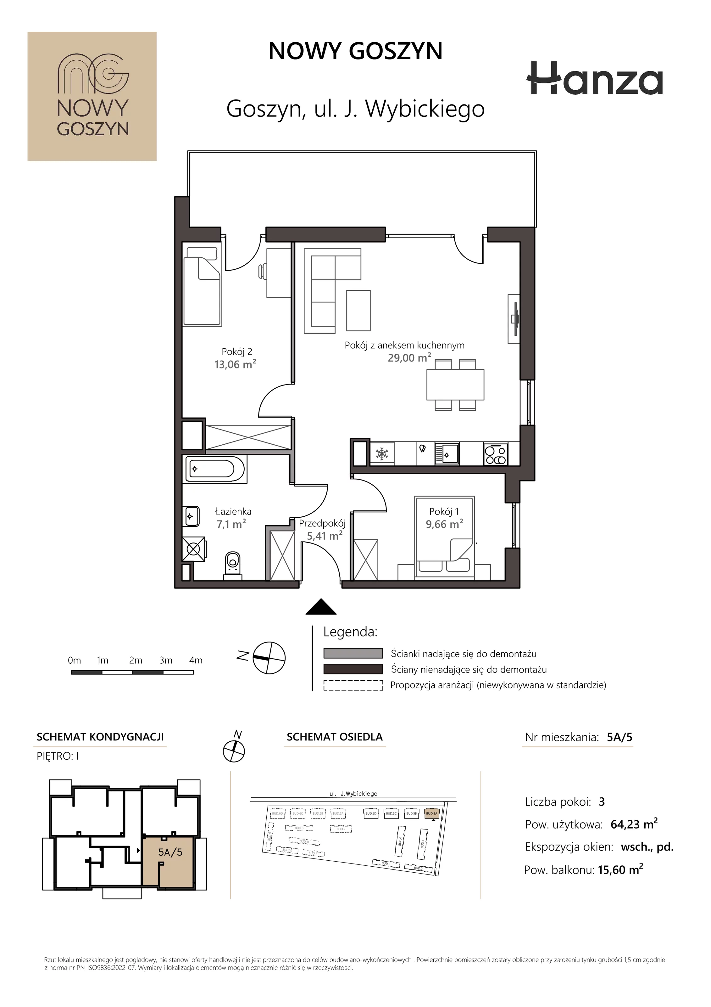 3 pokoje, mieszkanie 64,23 m², piętro 1, oferta nr 5A/5, Nowy Goszyn, Goszyn, ul. Józefa Wybickiego