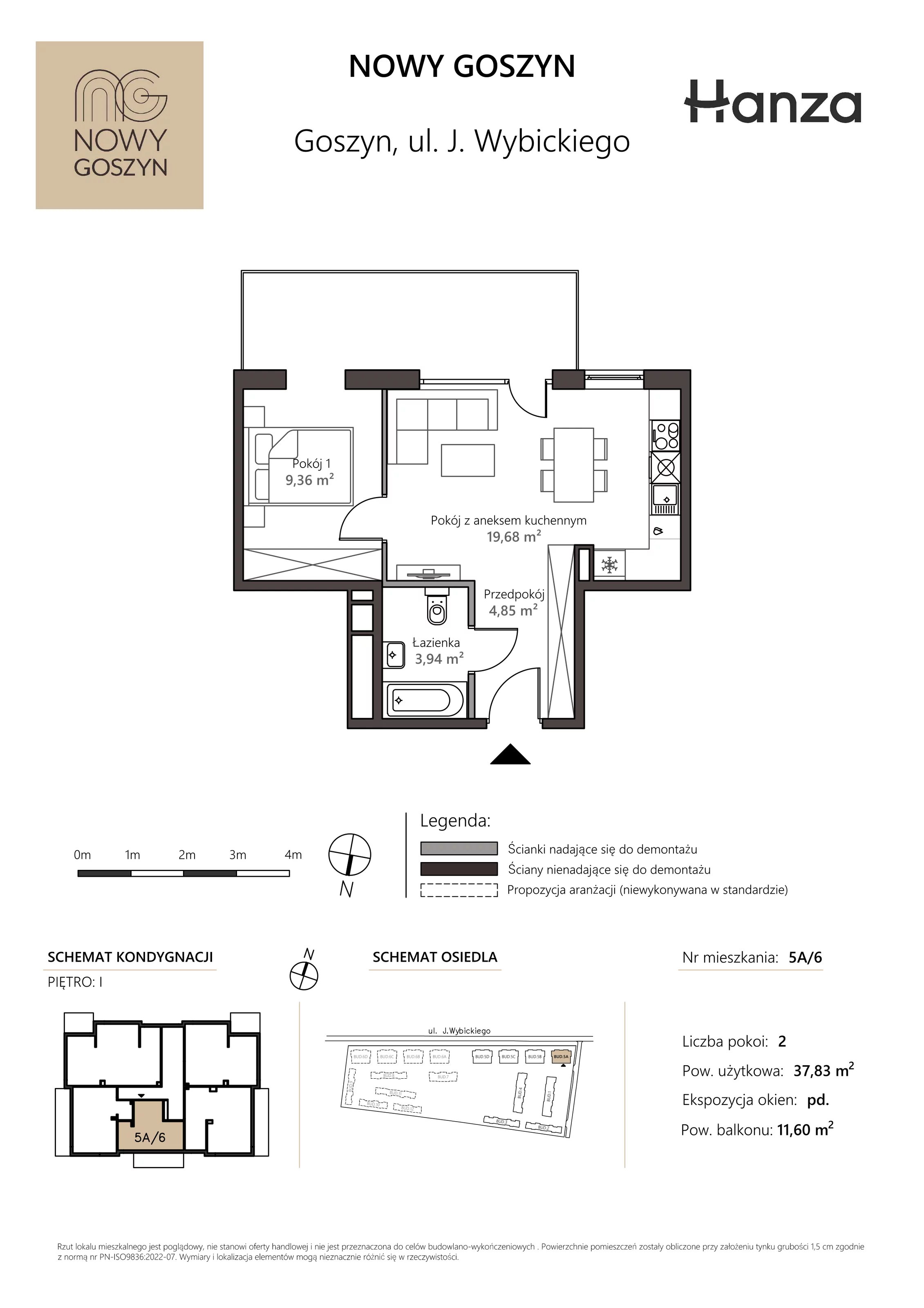 2 pokoje, mieszkanie 37,83 m², piętro 1, oferta nr 5A/6, Nowy Goszyn, Goszyn, ul. Józefa Wybickiego