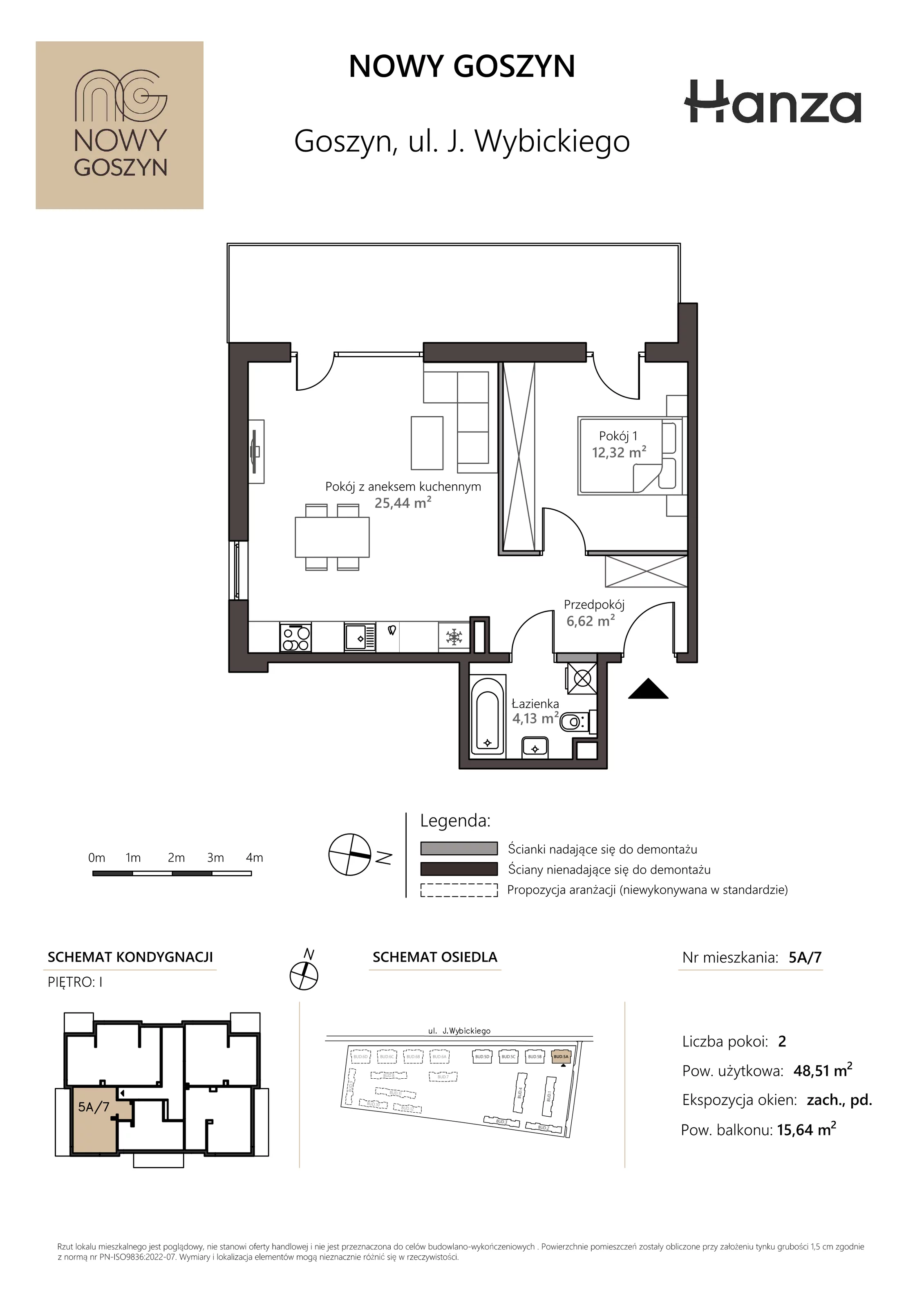 2 pokoje, mieszkanie 48,51 m², piętro 1, oferta nr 5A/7, Nowy Goszyn, Goszyn, ul. Józefa Wybickiego