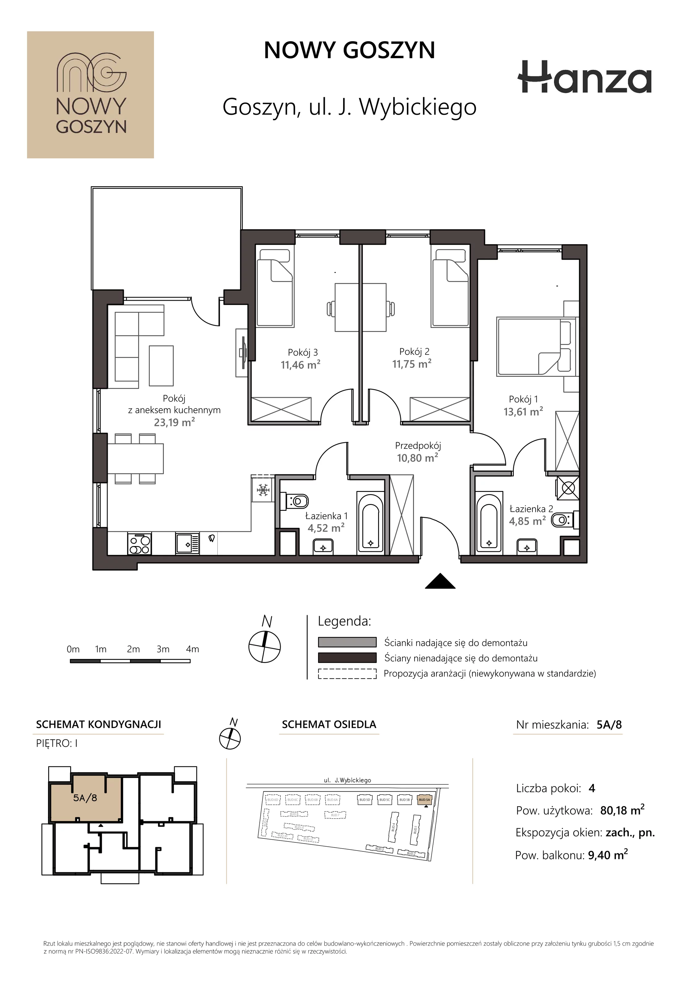 4 pokoje, mieszkanie 80,18 m², piętro 1, oferta nr 5A/8, Nowy Goszyn, Goszyn, ul. Józefa Wybickiego