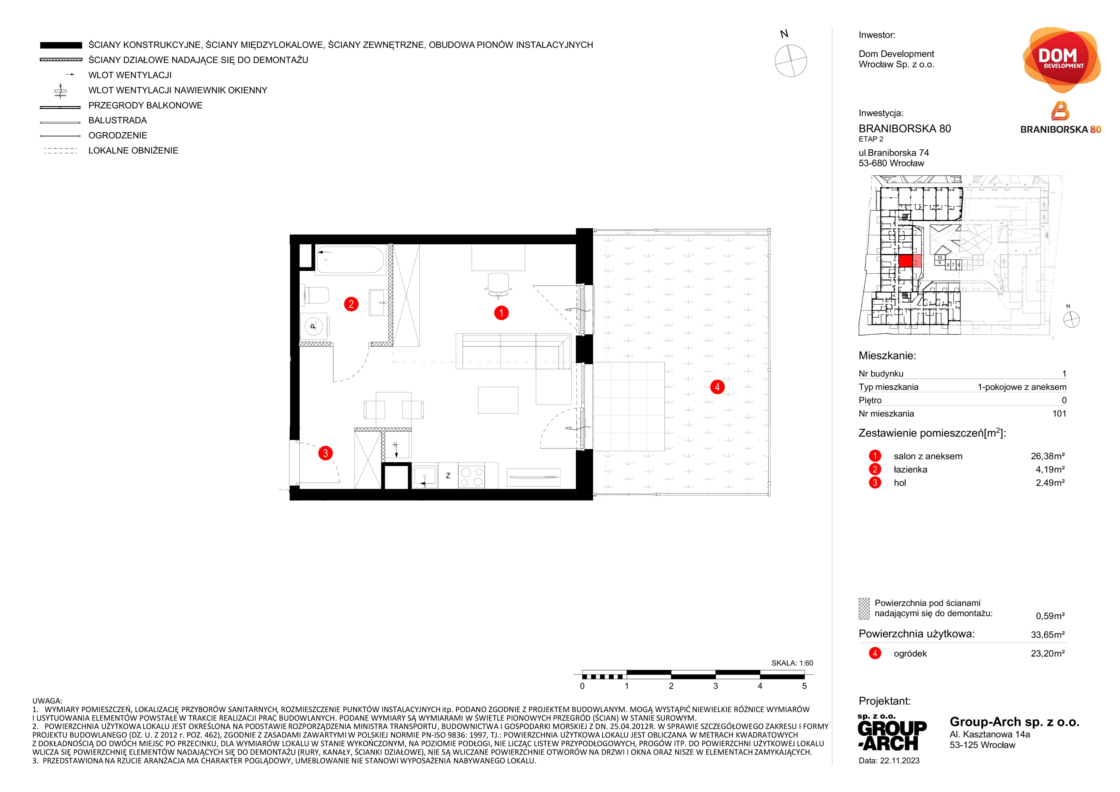 Mieszkanie 33,65 m², parter, oferta nr B/101, Braniborska 80, Wrocław, Stare Miasto, ul. Braniborska 80