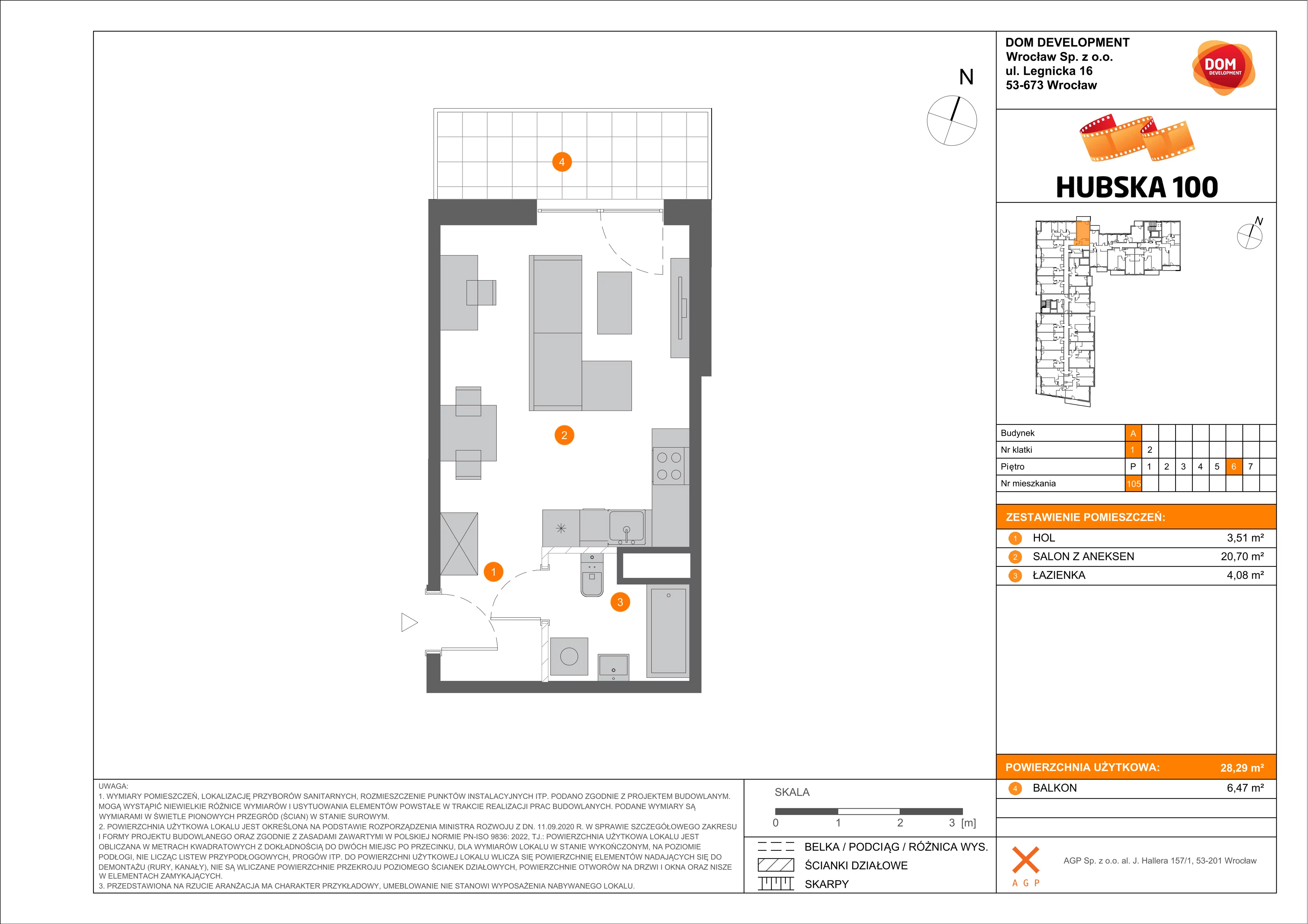 1 pokój, mieszkanie 28,29 m², piętro 6, oferta nr A/105, Hubska 100 etap 2, Wrocław, Huby, Krzyki, ul. Hubska 100