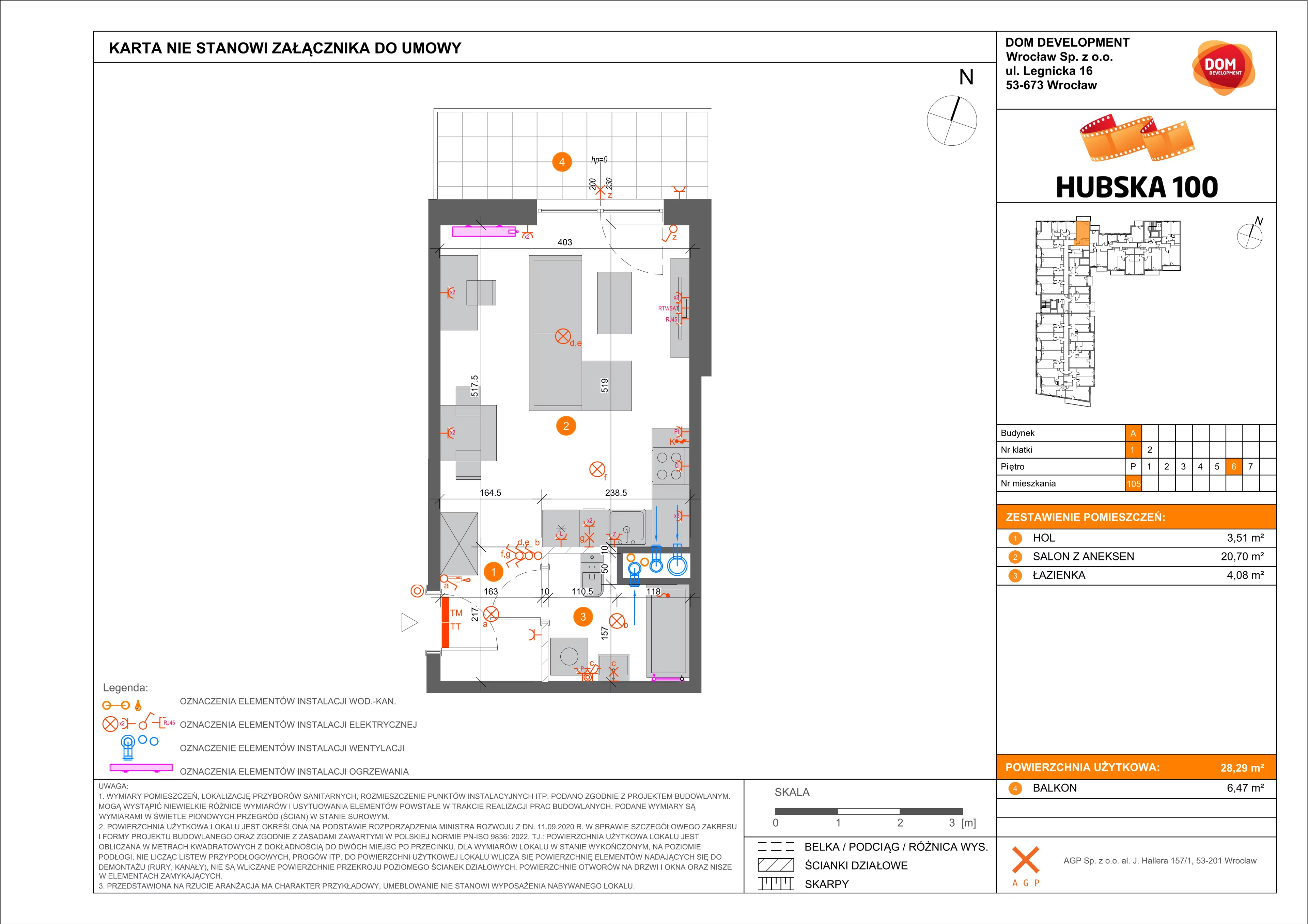 1 pokój, mieszkanie 28,29 m², piętro 6, oferta nr A/105, Hubska 100 etap 2, Wrocław, Huby, Krzyki, ul. Hubska 100