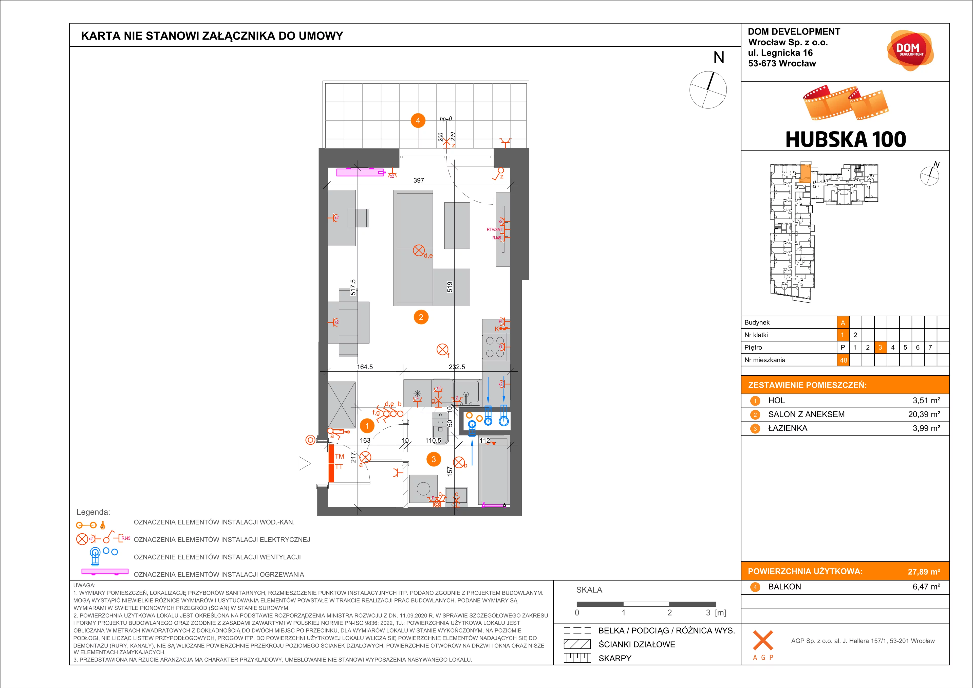 1 pokój, mieszkanie 27,89 m², piętro 3, oferta nr A/48, Hubska 100 etap 2, Wrocław, Huby, Krzyki, ul. Hubska 100