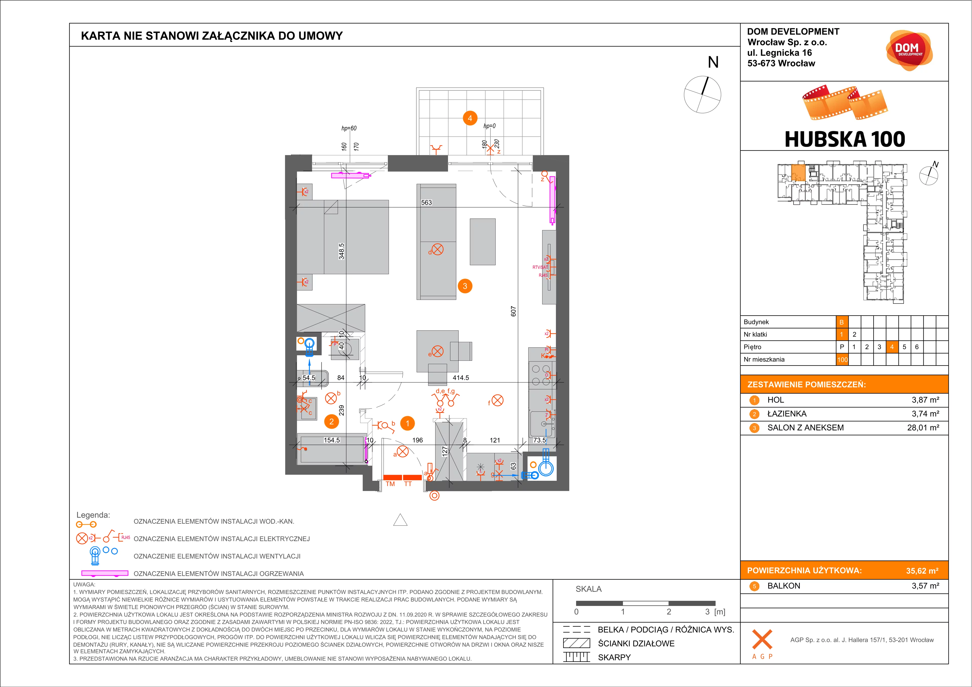 Mieszkanie 35,62 m², piętro 4, oferta nr B/100, Hubska 100, Wrocław, Huby, Krzyki, ul. Hubska 100