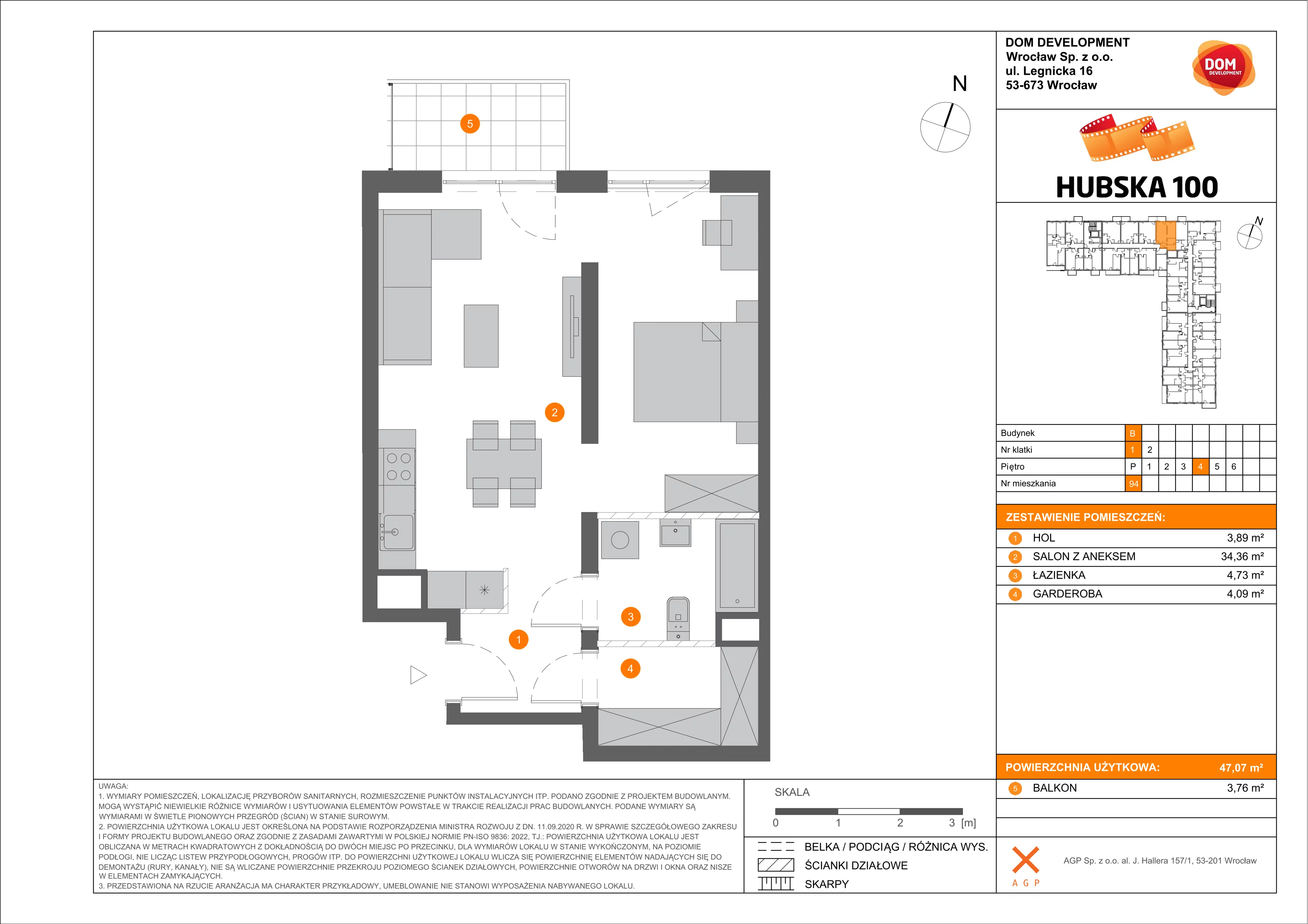 1 pokój, mieszkanie 47,07 m², piętro 4, oferta nr B/94, Hubska 100, Wrocław, Huby, Krzyki, ul. Paczkowska