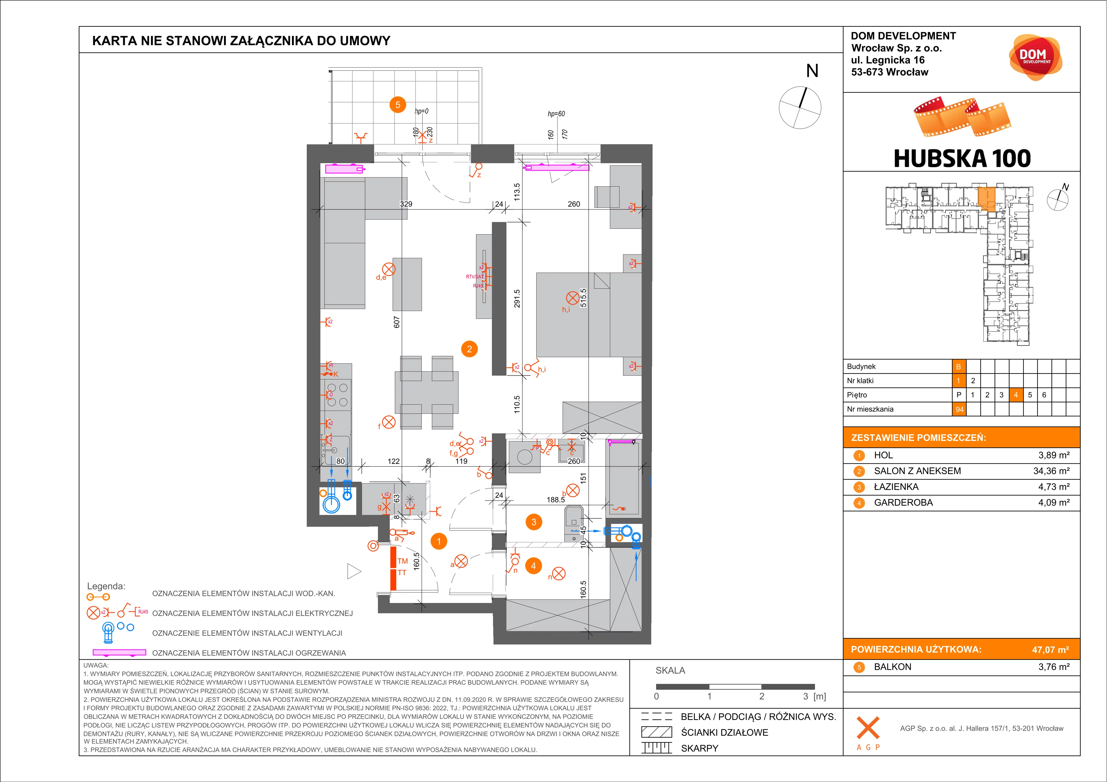 1 pokój, mieszkanie 47,07 m², piętro 4, oferta nr B/94, Hubska 100, Wrocław, Huby, Krzyki, ul. Paczkowska