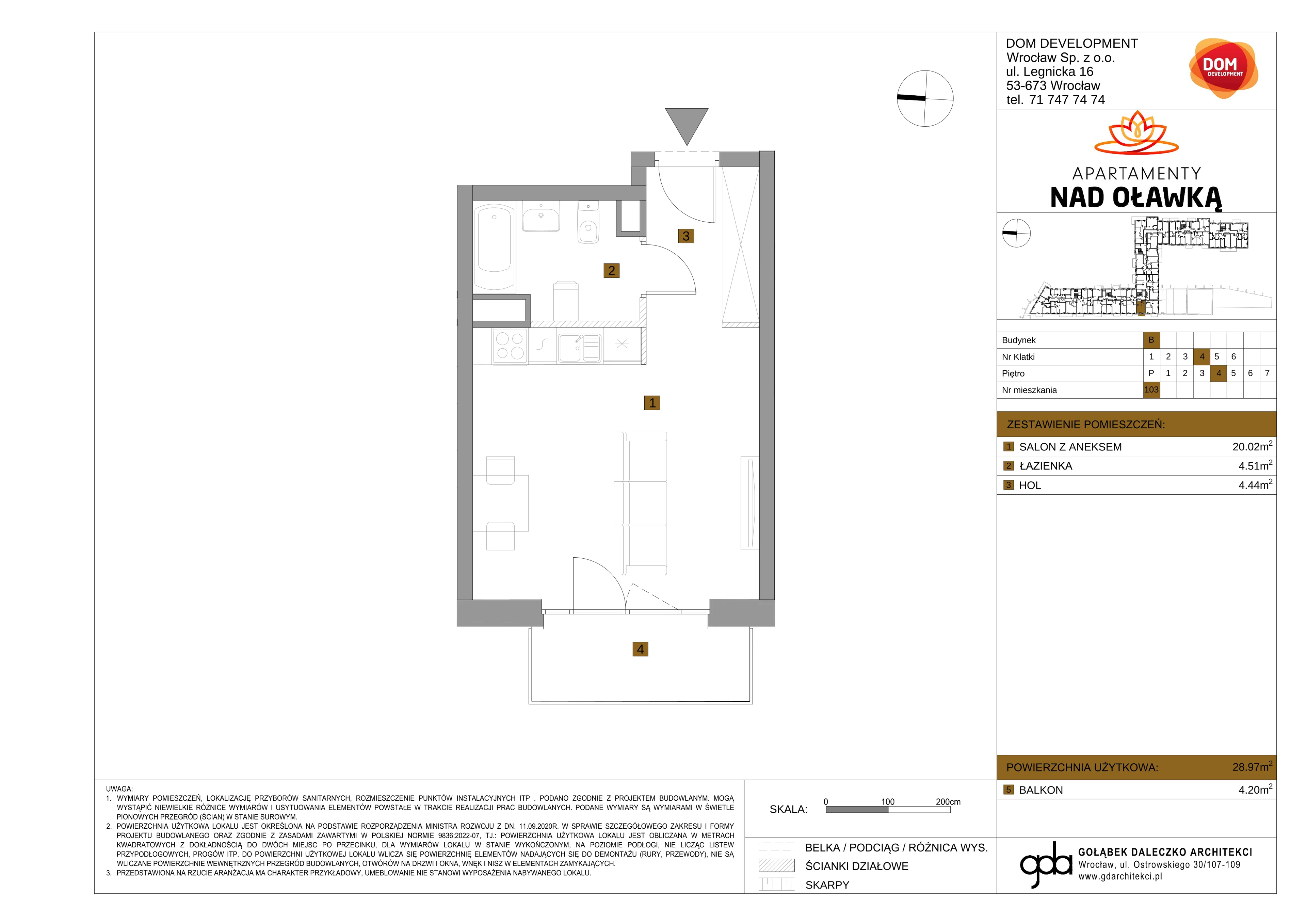 Mieszkanie 28,97 m², piętro 4, oferta nr B/103, Apartamenty nad Oławką 2, Wrocław, Przedmieście Oławskie, Krzyki, ul. Krakowska 98a