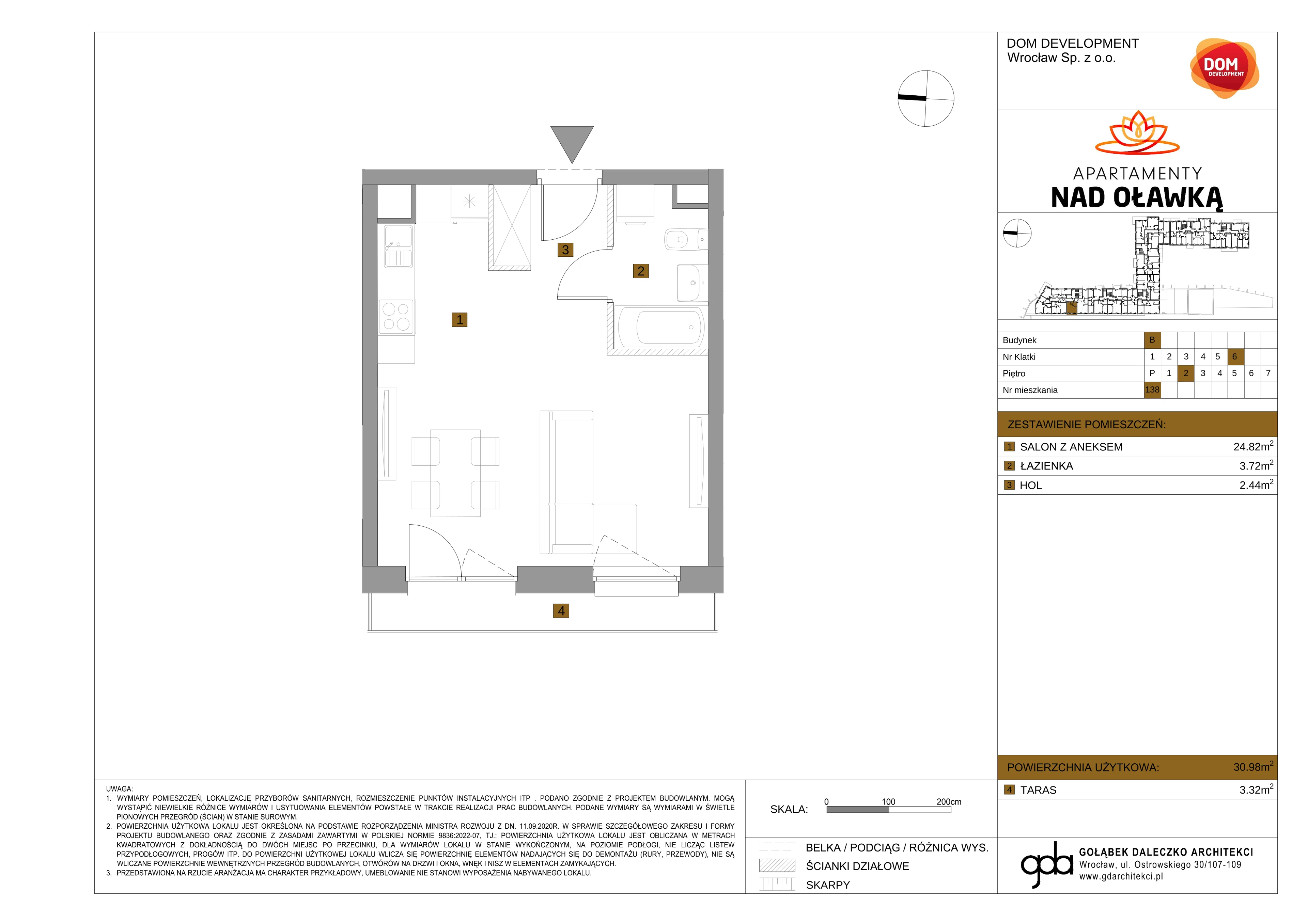 Mieszkanie 30,98 m², piętro 2, oferta nr B/138, Apartamenty nad Oławką 2, Wrocław, Przedmieście Oławskie, Krzyki, ul. Krakowska 98a