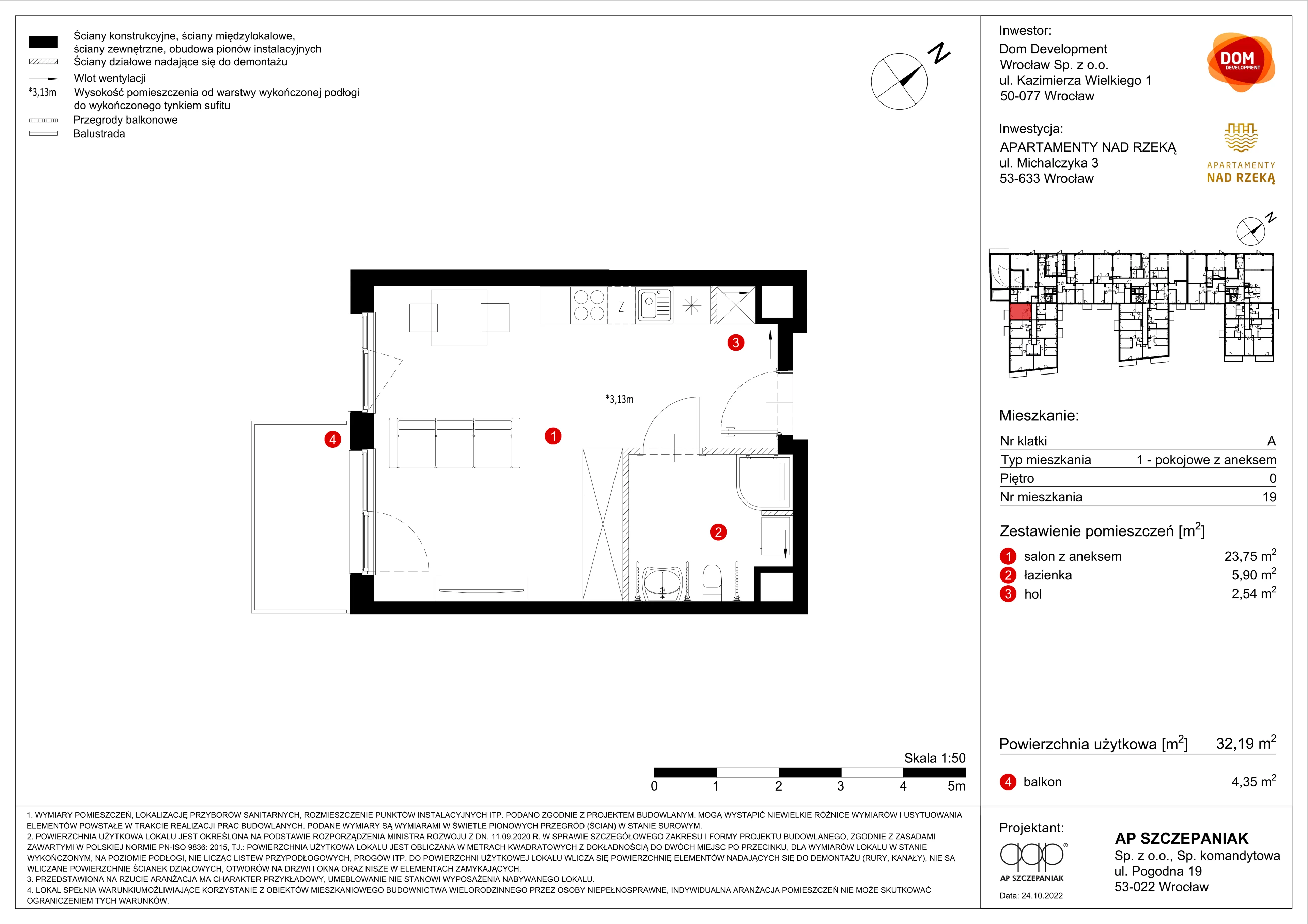 Mieszkanie 32,19 m², parter, oferta nr A/19, Apartamenty Nad Rzeką, Wrocław, Stare Miasto, ul. Michalczyka 3
