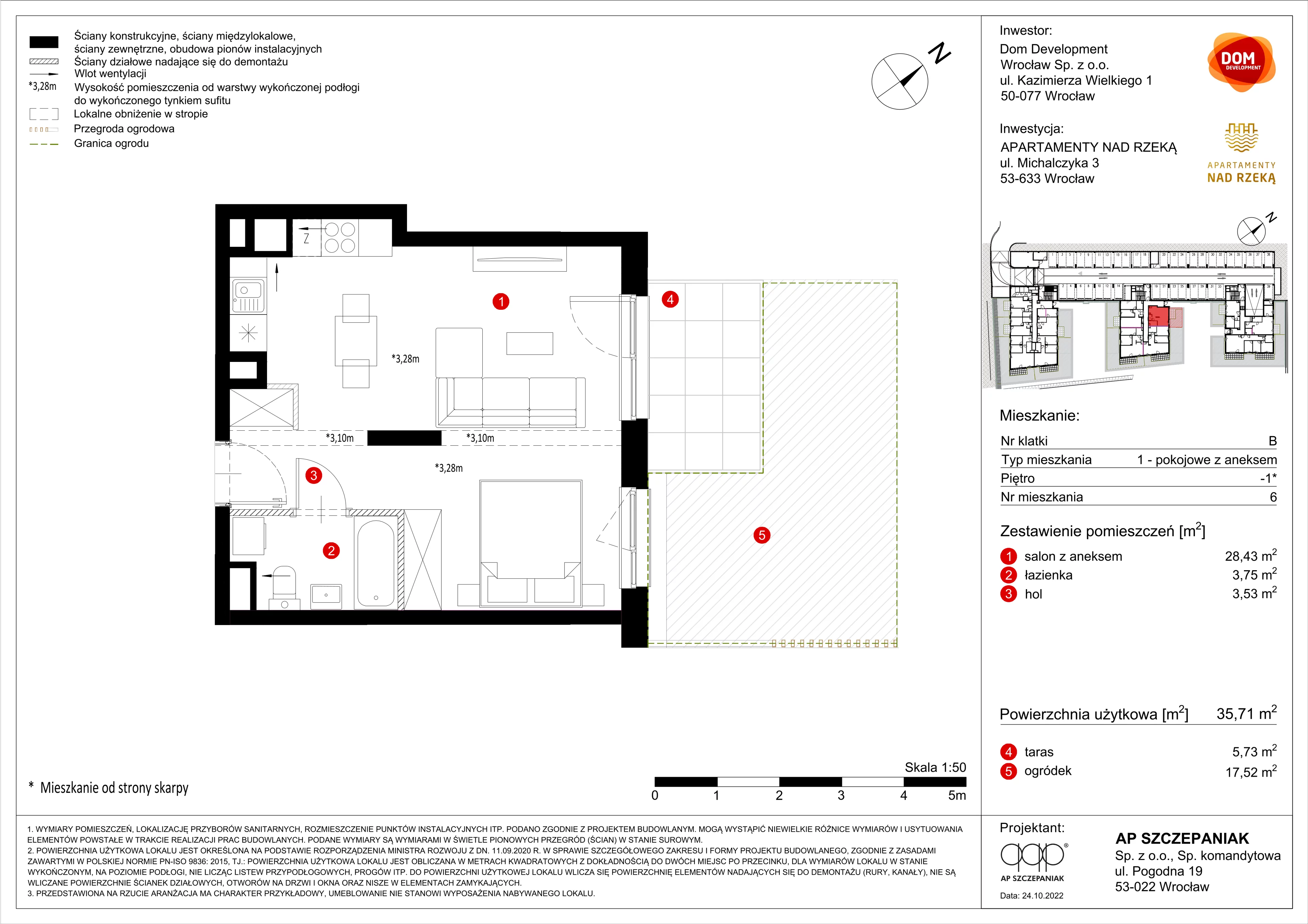 Apartament 35,71 m², poziom -1, oferta nr A/6, Apartamenty Nad Rzeką, Wrocław, Stare Miasto, ul. Michalczyka 3