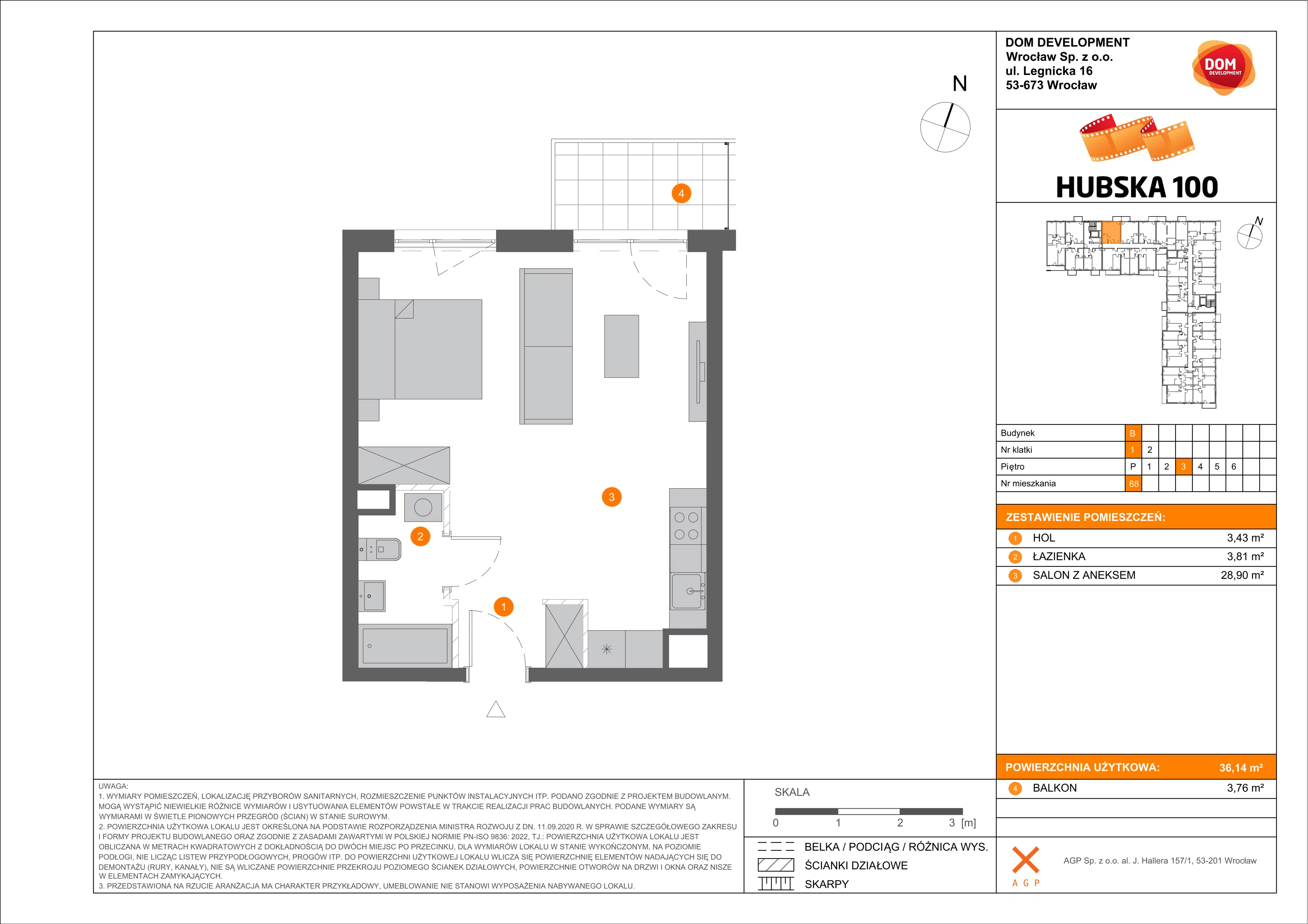 1 pokój, mieszkanie 36,14 m², piętro 3, oferta nr B/68, Hubska 100, Wrocław, Huby, Krzyki, ul. Paczkowska