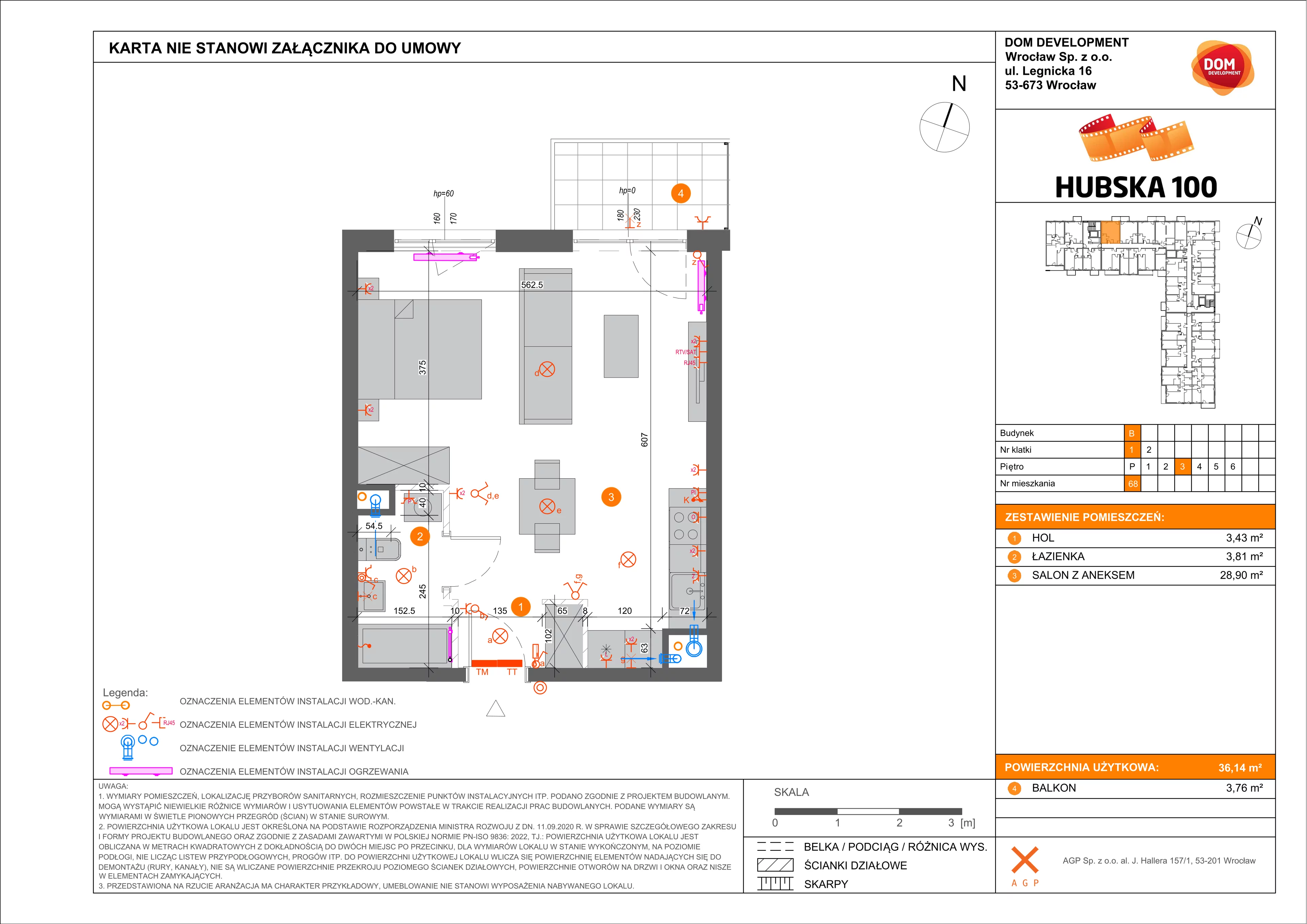 1 pokój, mieszkanie 36,14 m², piętro 3, oferta nr B/68, Hubska 100, Wrocław, Huby, Krzyki, ul. Paczkowska