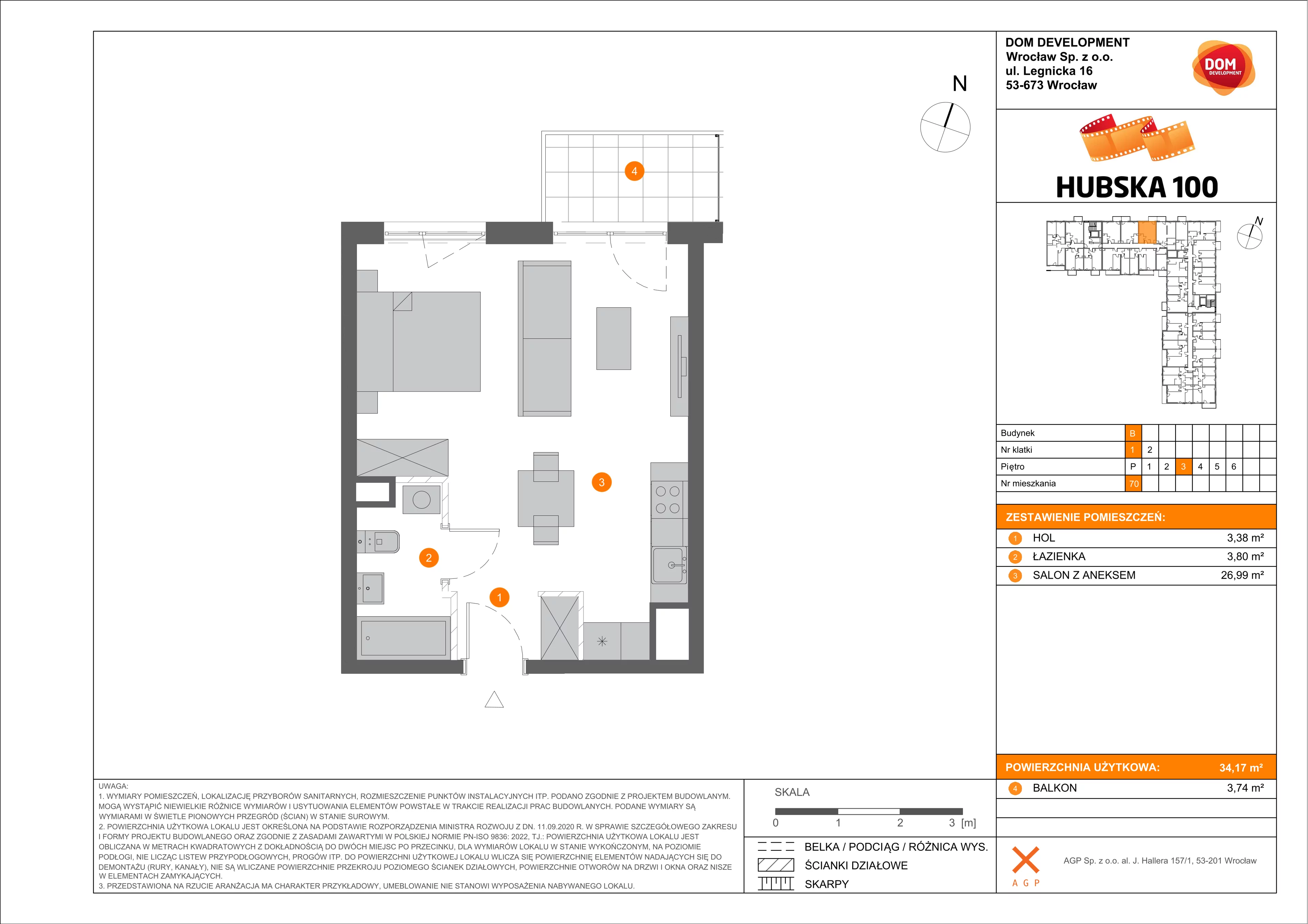 1 pokój, mieszkanie 34,17 m², piętro 3, oferta nr B/70, Hubska 100, Wrocław, Huby, Krzyki, ul. Paczkowska