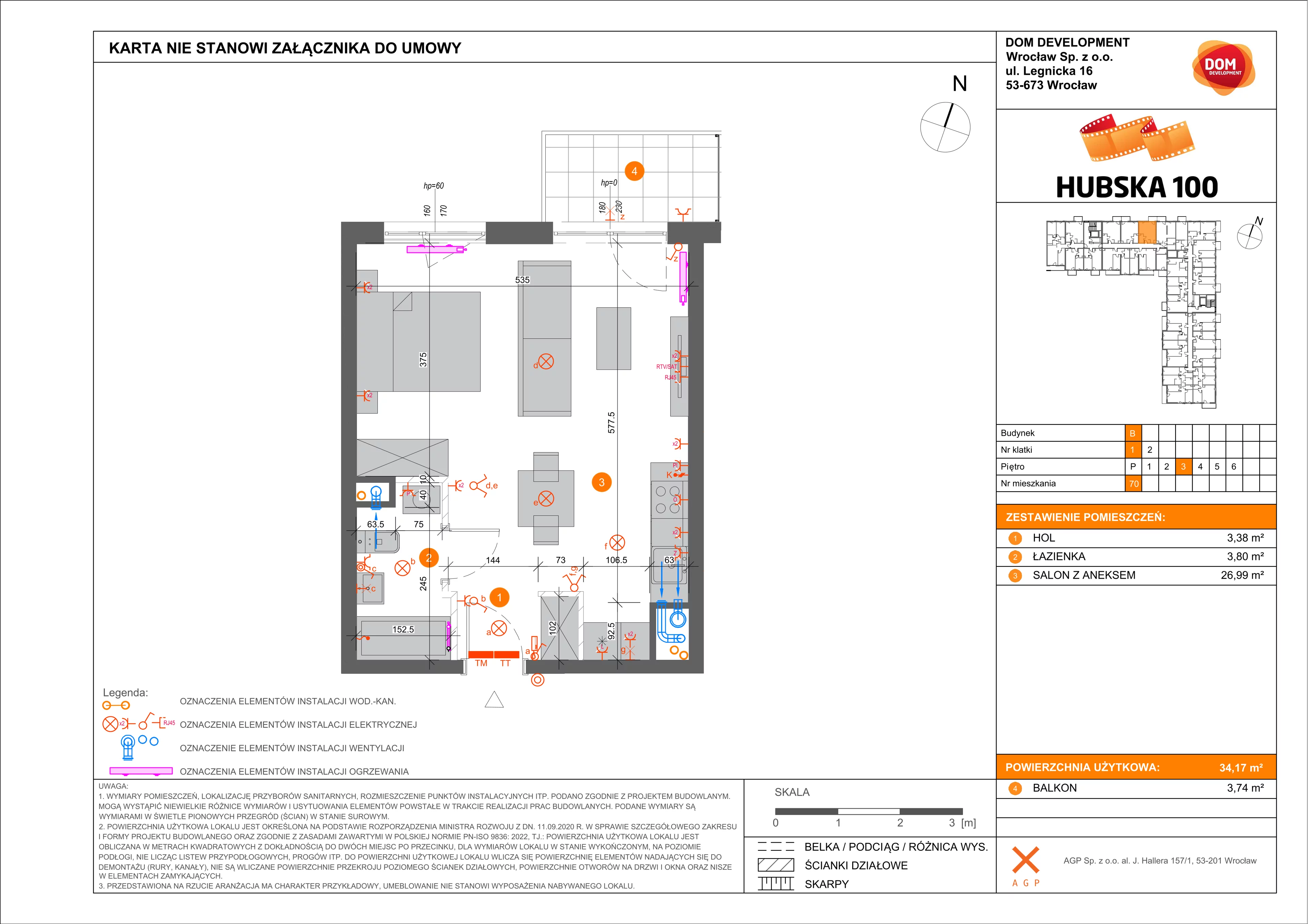 1 pokój, mieszkanie 34,17 m², piętro 3, oferta nr B/70, Hubska 100, Wrocław, Huby, Krzyki, ul. Paczkowska