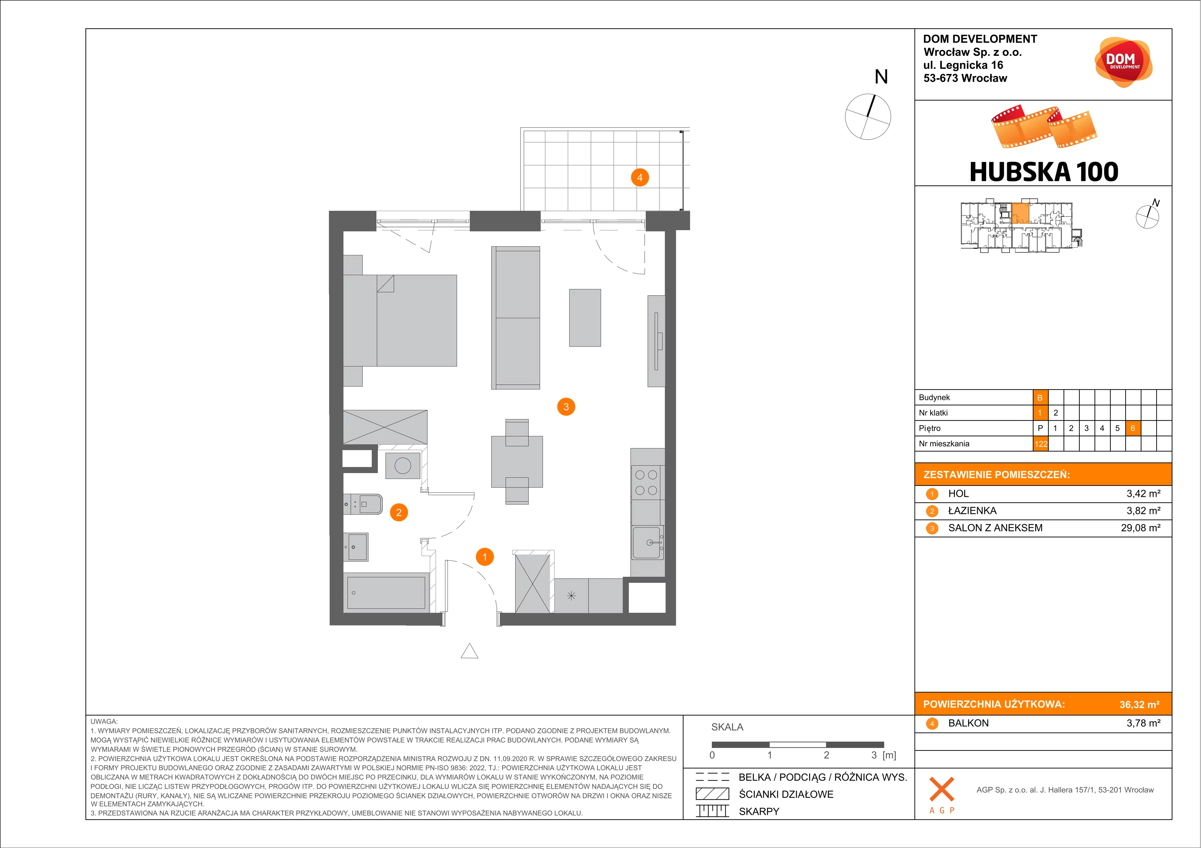 1 pokój, mieszkanie 36,32 m², piętro 6, oferta nr B/122, Hubska 100, Wrocław, Huby, Krzyki, ul. Paczkowska
