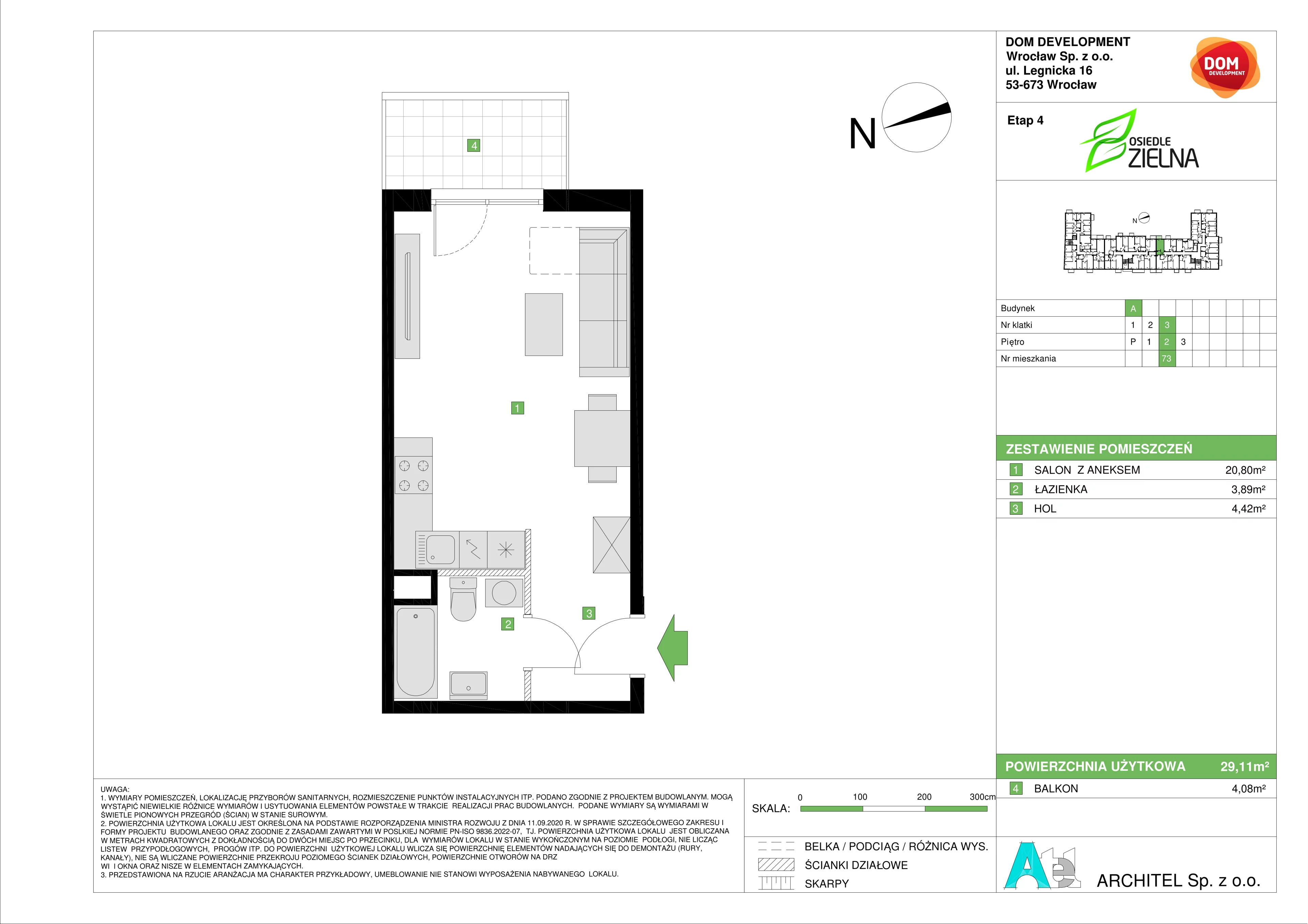 Mieszkanie 29,11 m², piętro 2, oferta nr A/73, Osiedle Zielna 4, Wrocław, Psie Pole-Zawidawie, Psie Pole, ul. Zielna / Bylinowa