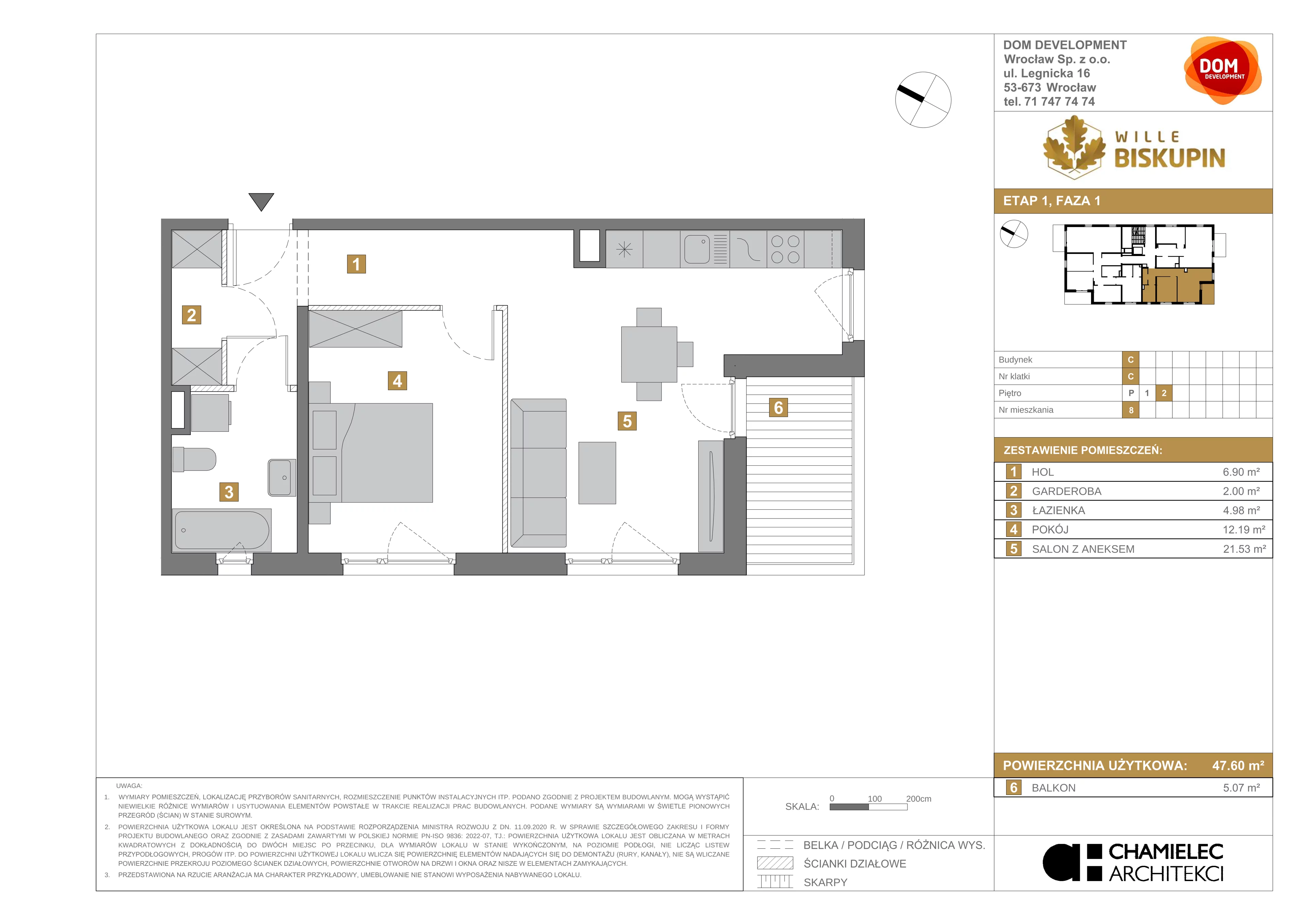 Mieszkanie 47,60 m², piętro 2, oferta nr C/8, Wille Biskupin, Wrocław, Biskupin-Sępolno-Dąbie-Bartoszowice, Śródmieście, ul. Braci Gierymskich 156