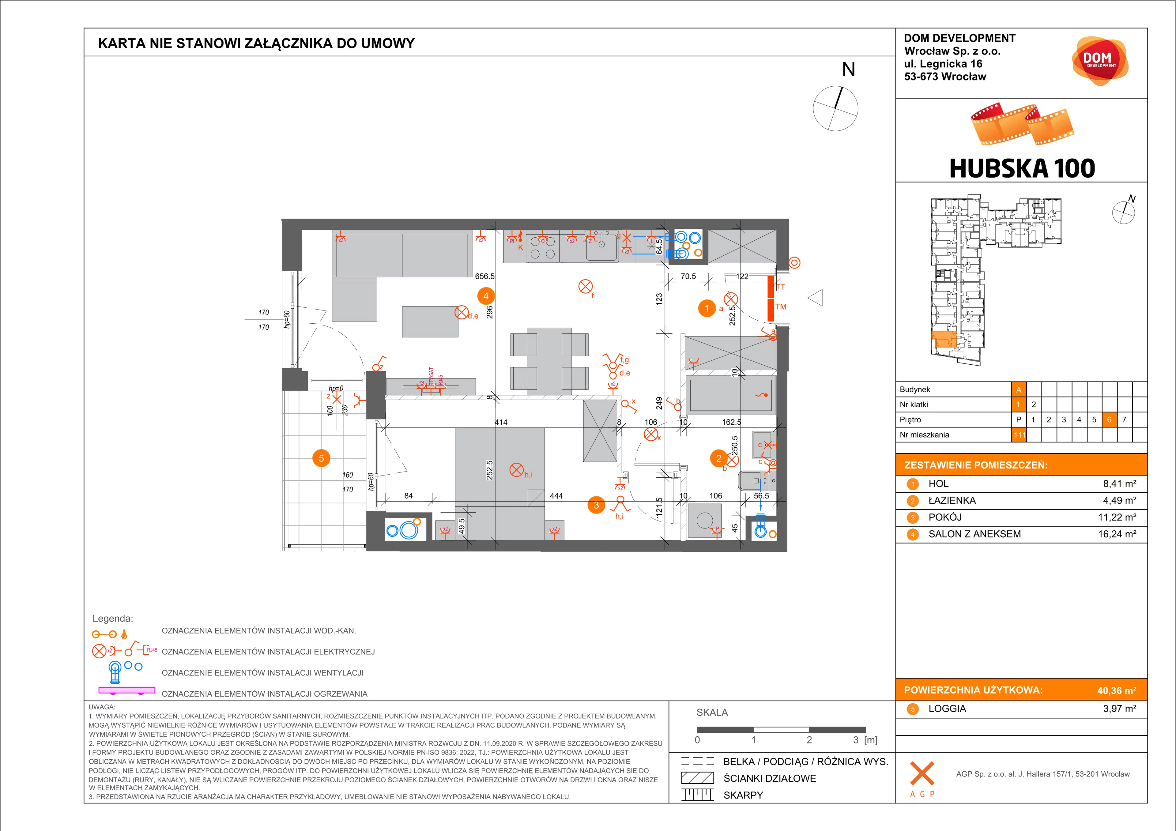 2 pokoje, mieszkanie 40,36 m², piętro 6, oferta nr A/111, Hubska 100 etap 2, Wrocław, Huby, Krzyki, ul. Hubska 100