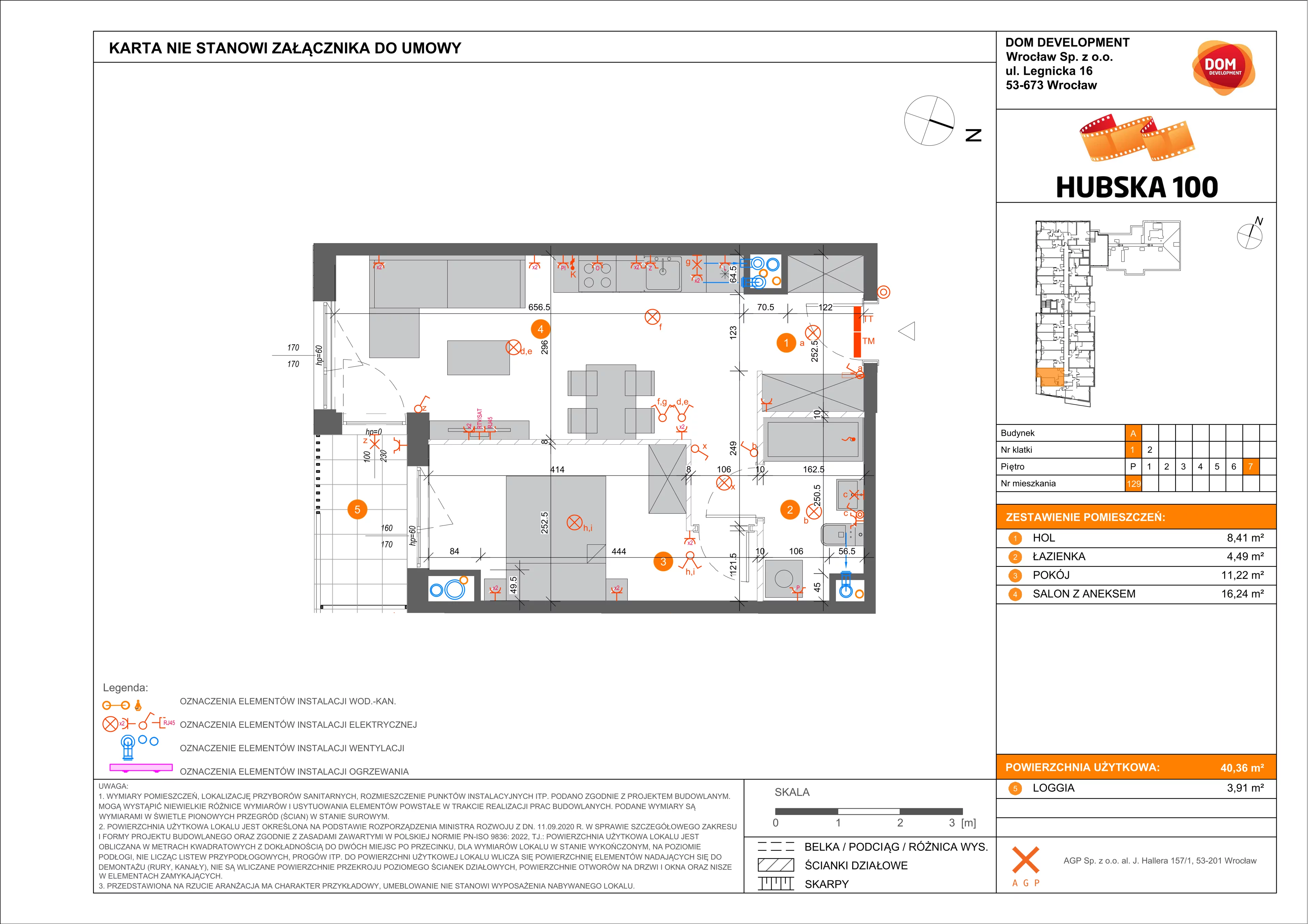 2 pokoje, mieszkanie 40,36 m², piętro 7, oferta nr A/129, Hubska 100 etap 2, Wrocław, Huby, Krzyki, ul. Hubska 100