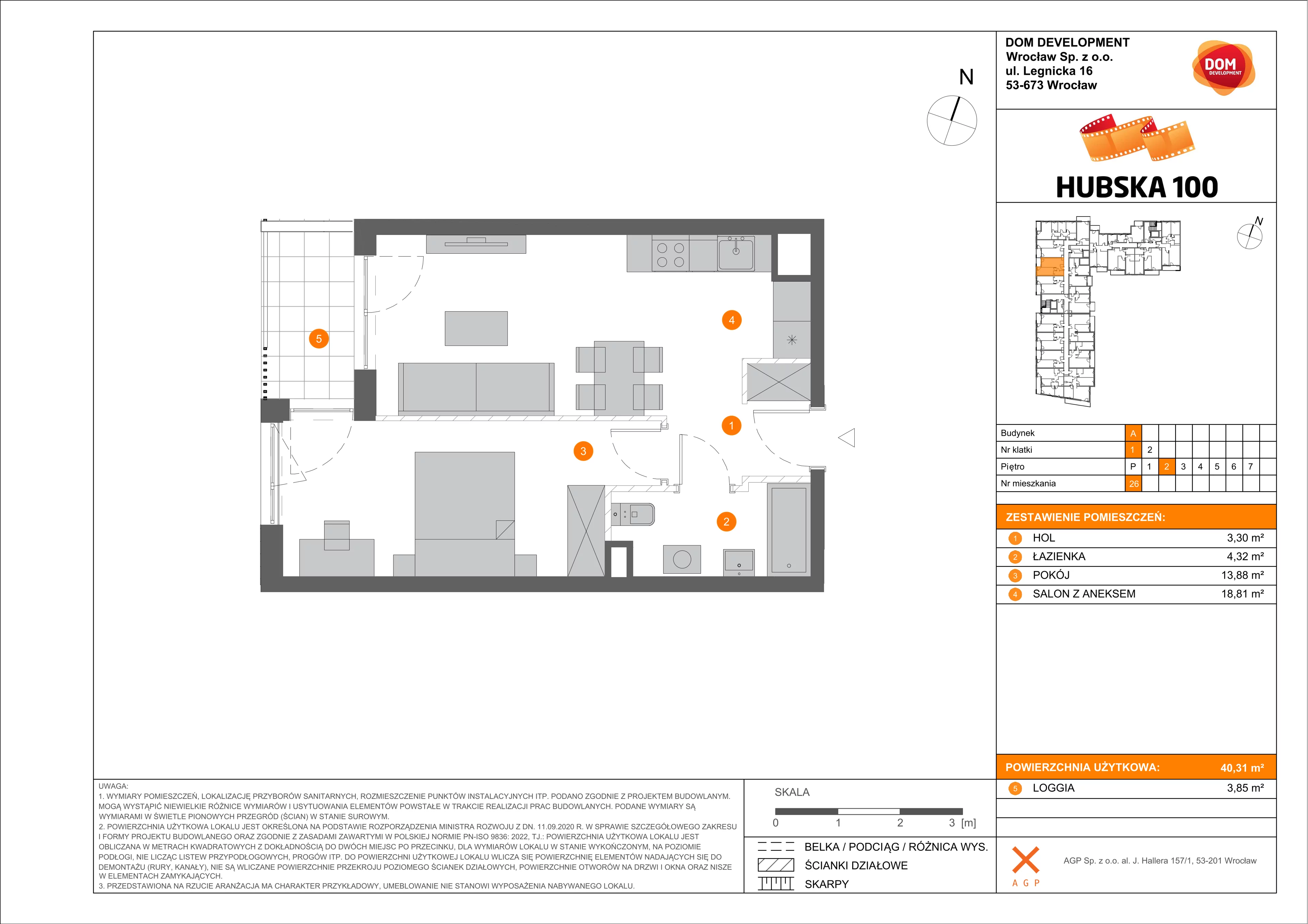 2 pokoje, mieszkanie 40,31 m², piętro 2, oferta nr A/26, Hubska 100 etap 2, Wrocław, Huby, Krzyki, ul. Hubska 100