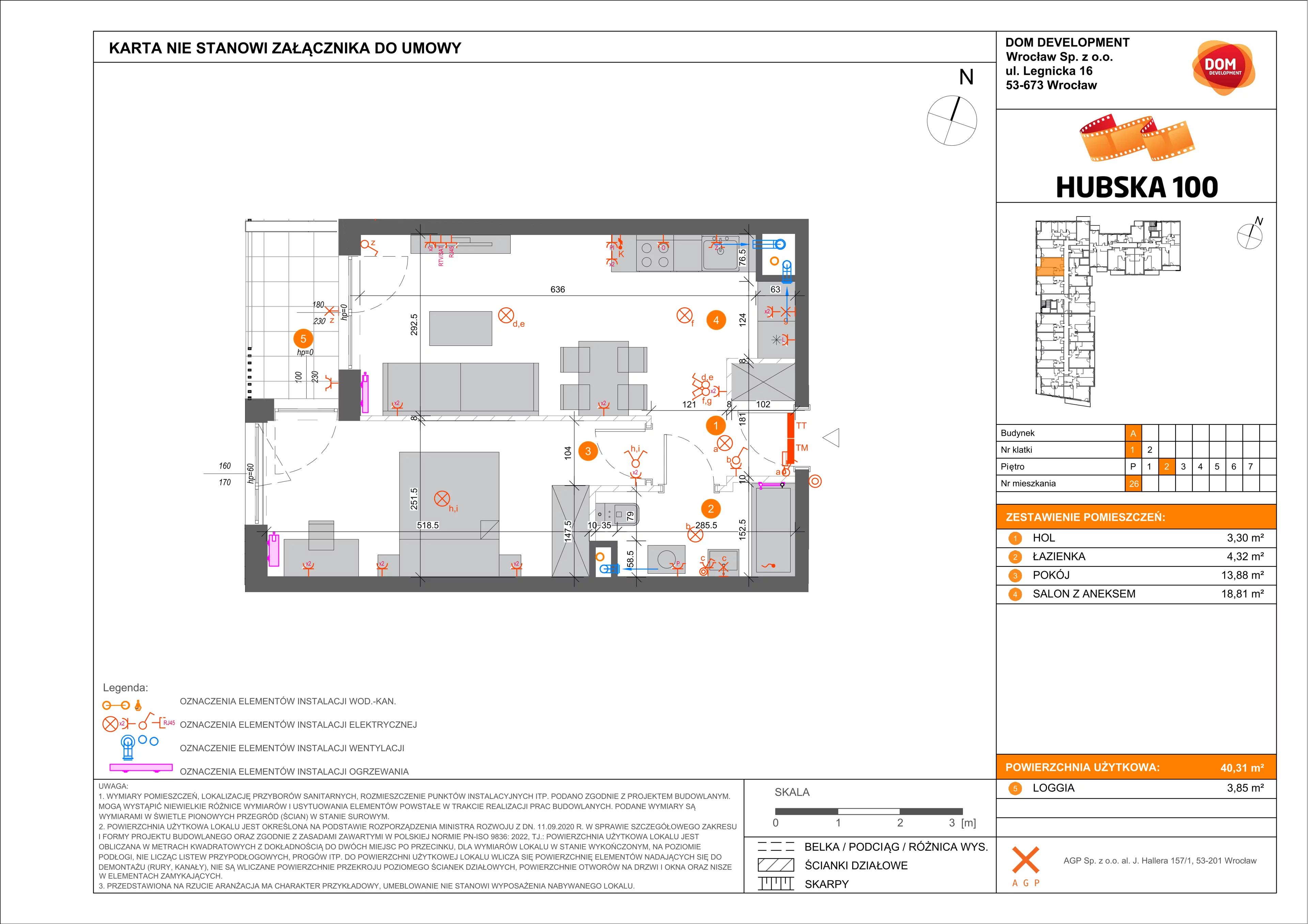 2 pokoje, mieszkanie 40,31 m², piętro 2, oferta nr A/26, Hubska 100 etap 2, Wrocław, Huby, Krzyki, ul. Hubska 100