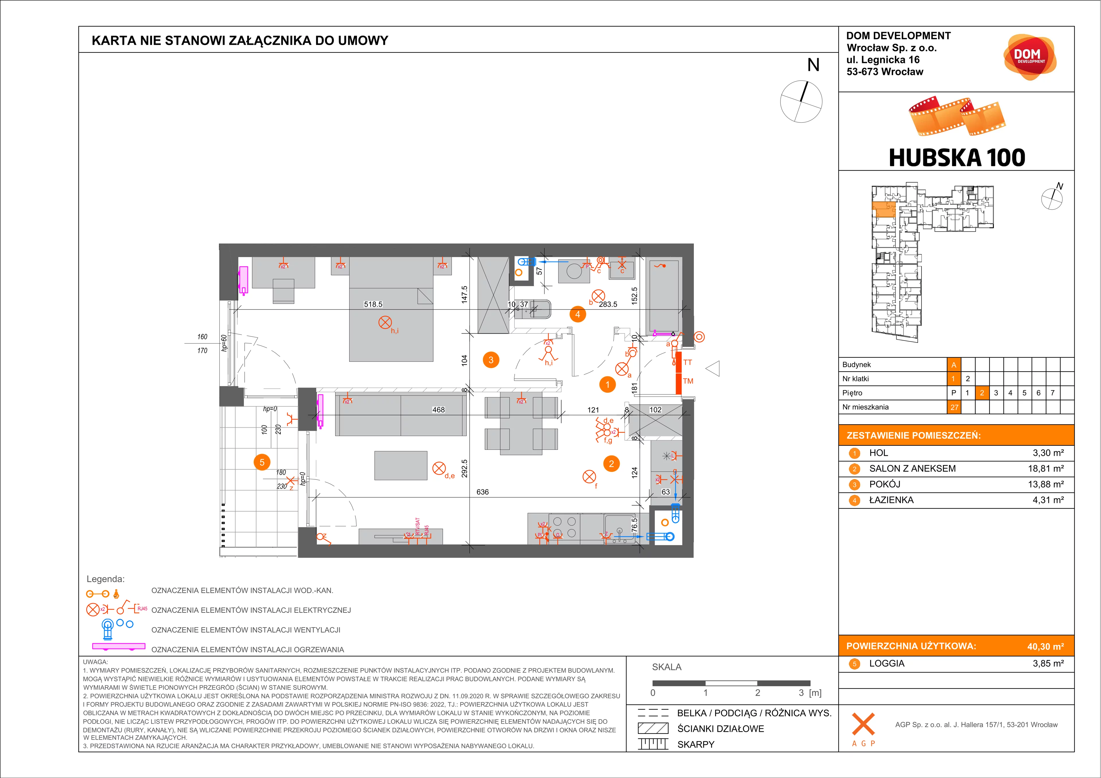 2 pokoje, mieszkanie 40,30 m², piętro 2, oferta nr A/27, Hubska 100 etap 2, Wrocław, Huby, Krzyki, ul. Hubska 100