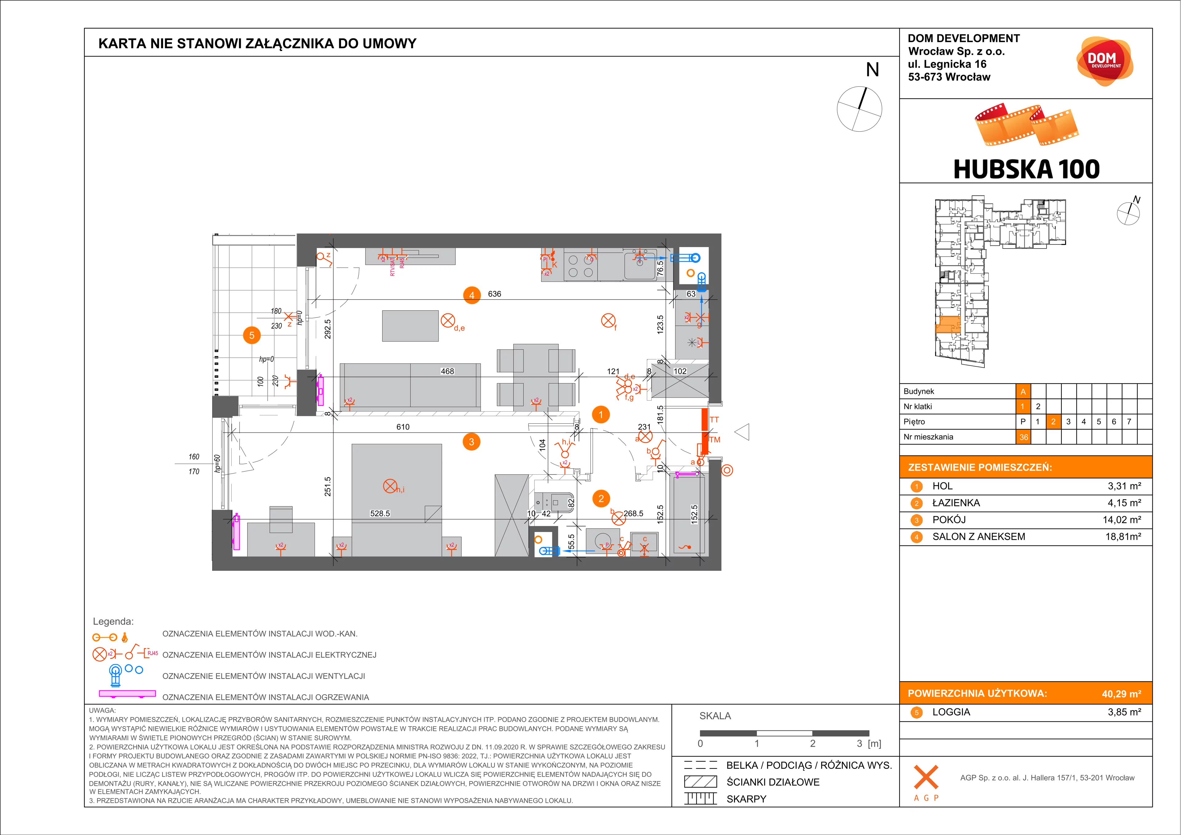 2 pokoje, mieszkanie 40,29 m², piętro 2, oferta nr A/36, Hubska 100 etap 2, Wrocław, Huby, Krzyki, ul. Hubska 100