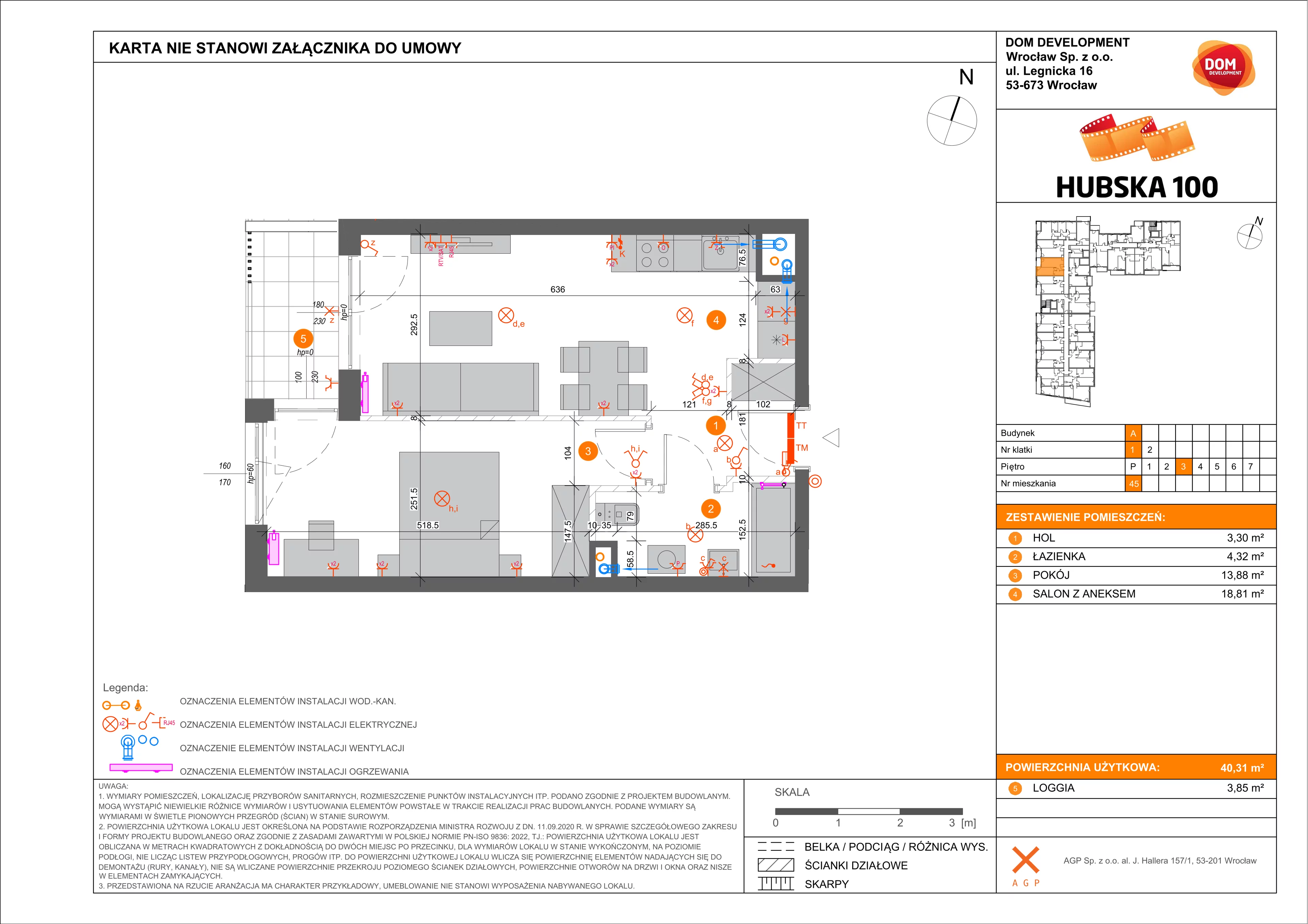 2 pokoje, mieszkanie 40,31 m², piętro 3, oferta nr A/45, Hubska 100 etap 2, Wrocław, Huby, Krzyki, ul. Hubska 100