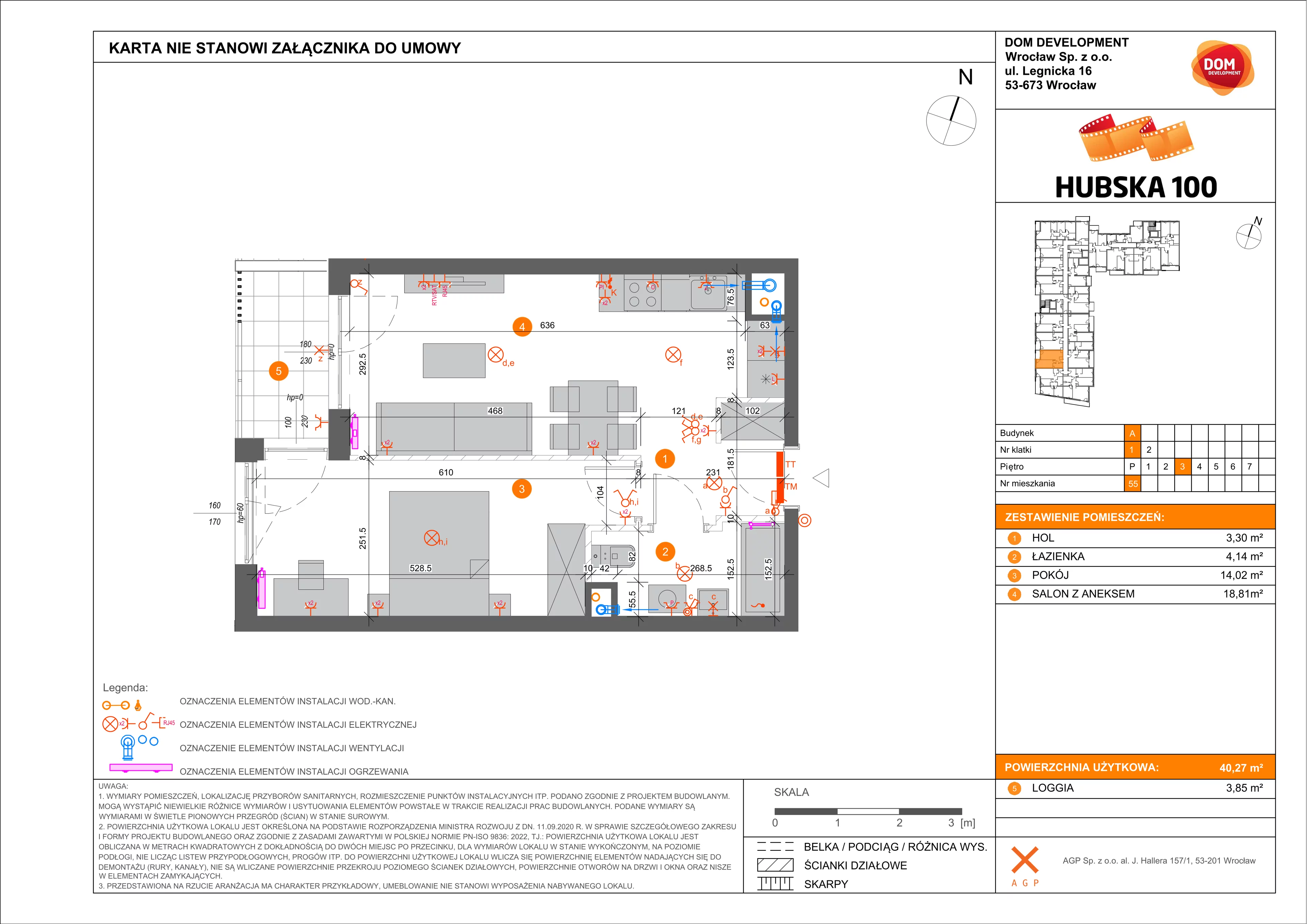 2 pokoje, mieszkanie 40,27 m², piętro 3, oferta nr A/55, Hubska 100 etap 2, Wrocław, Huby, Krzyki, ul. Hubska 100