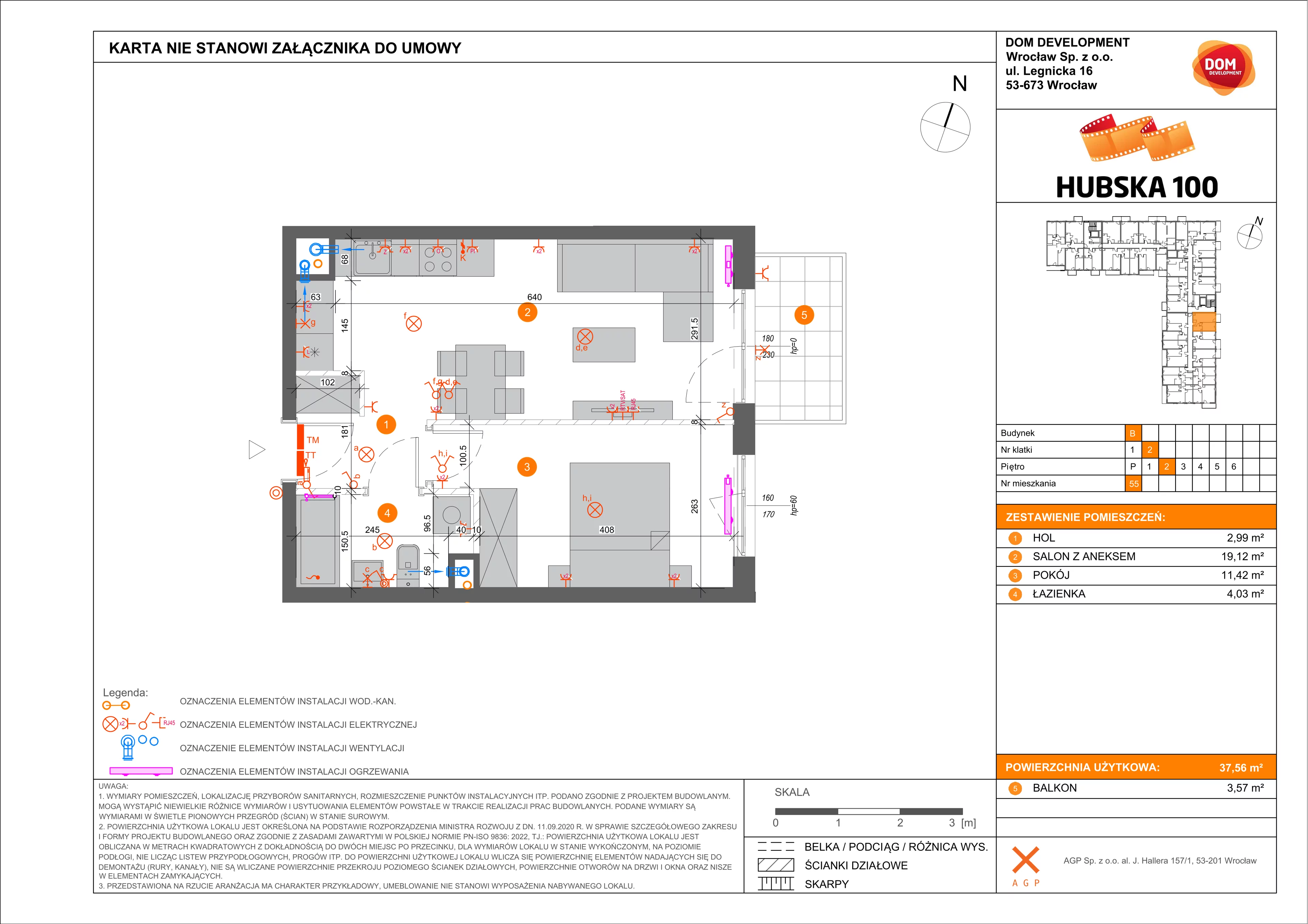 Mieszkanie 37,56 m², piętro 2, oferta nr B/55, Hubska 100, Wrocław, Huby, Krzyki, ul. Hubska 100