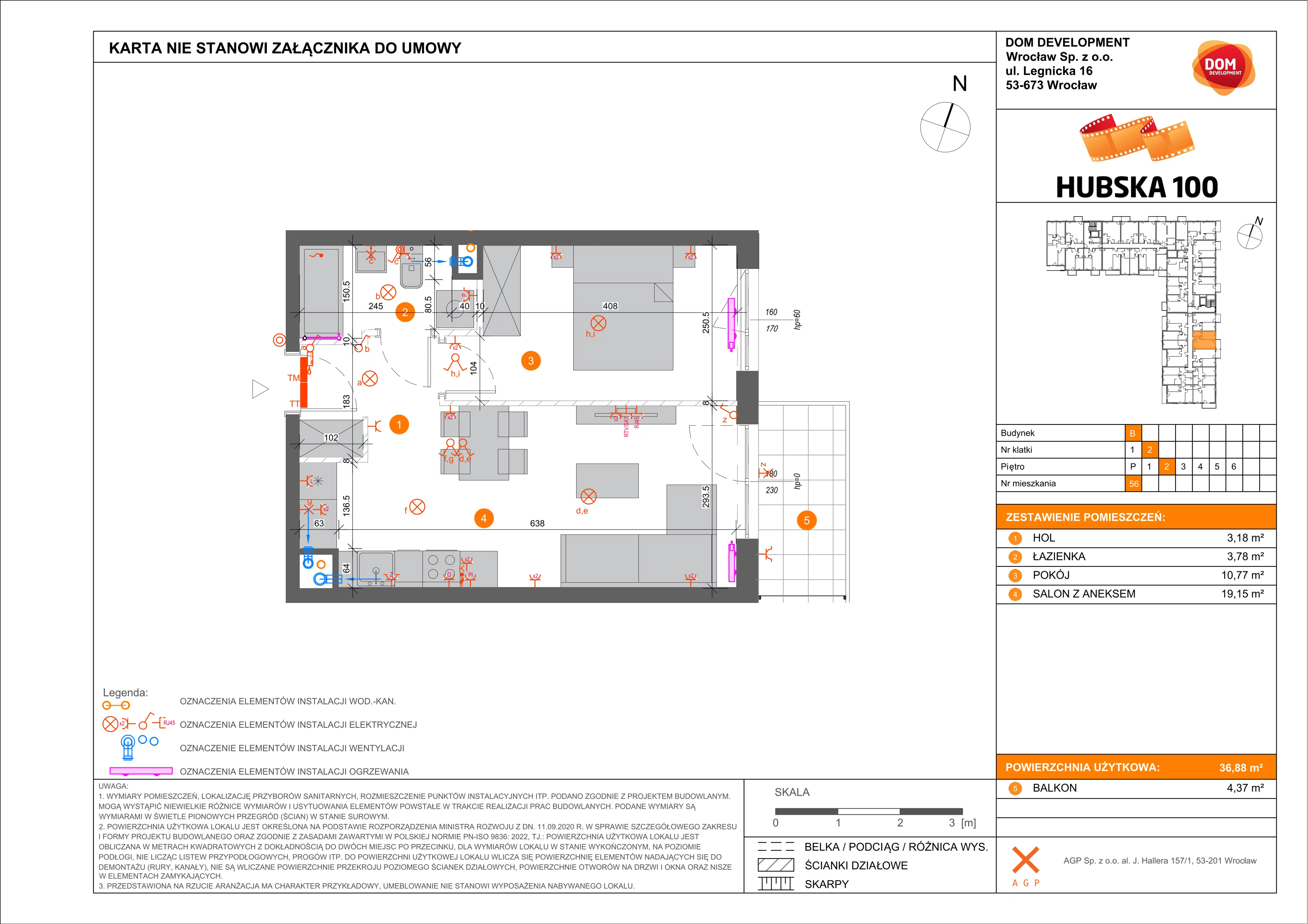 Mieszkanie 36,88 m², piętro 2, oferta nr B/56, Hubska 100, Wrocław, Huby, Krzyki, ul. Hubska 100