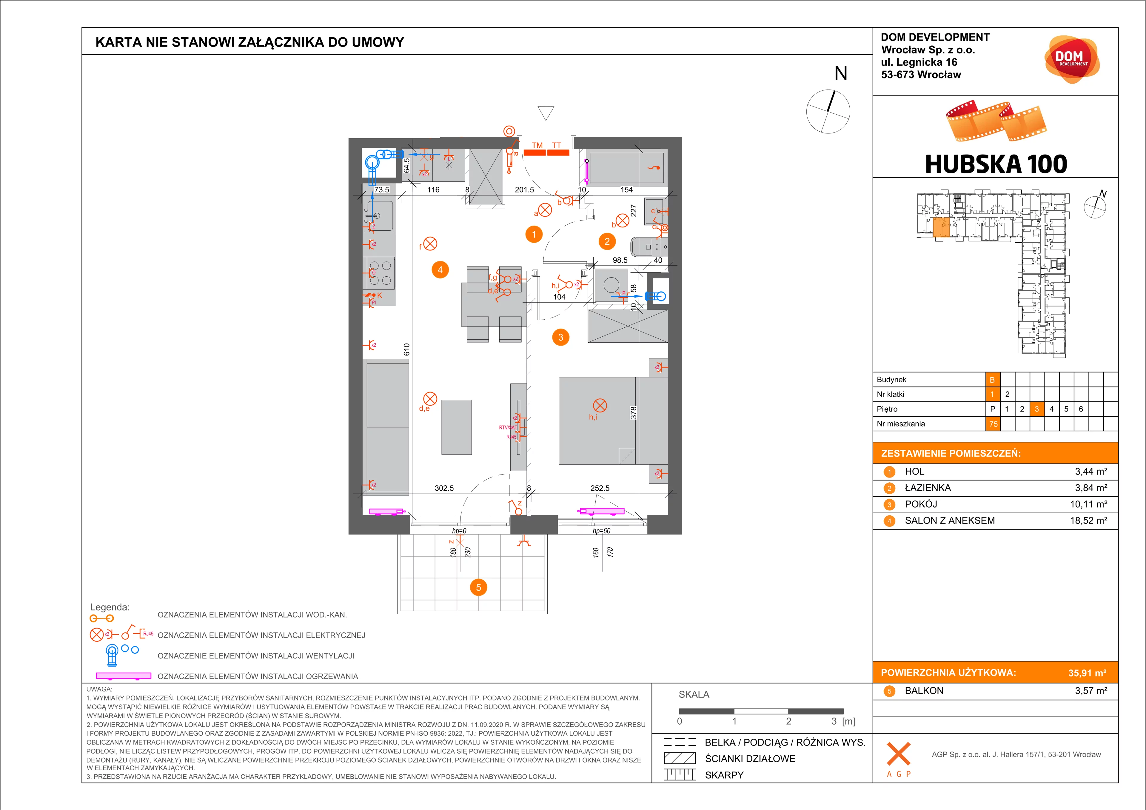 Mieszkanie 35,91 m², piętro 3, oferta nr B/75, Hubska 100, Wrocław, Huby, Krzyki, ul. Hubska 100