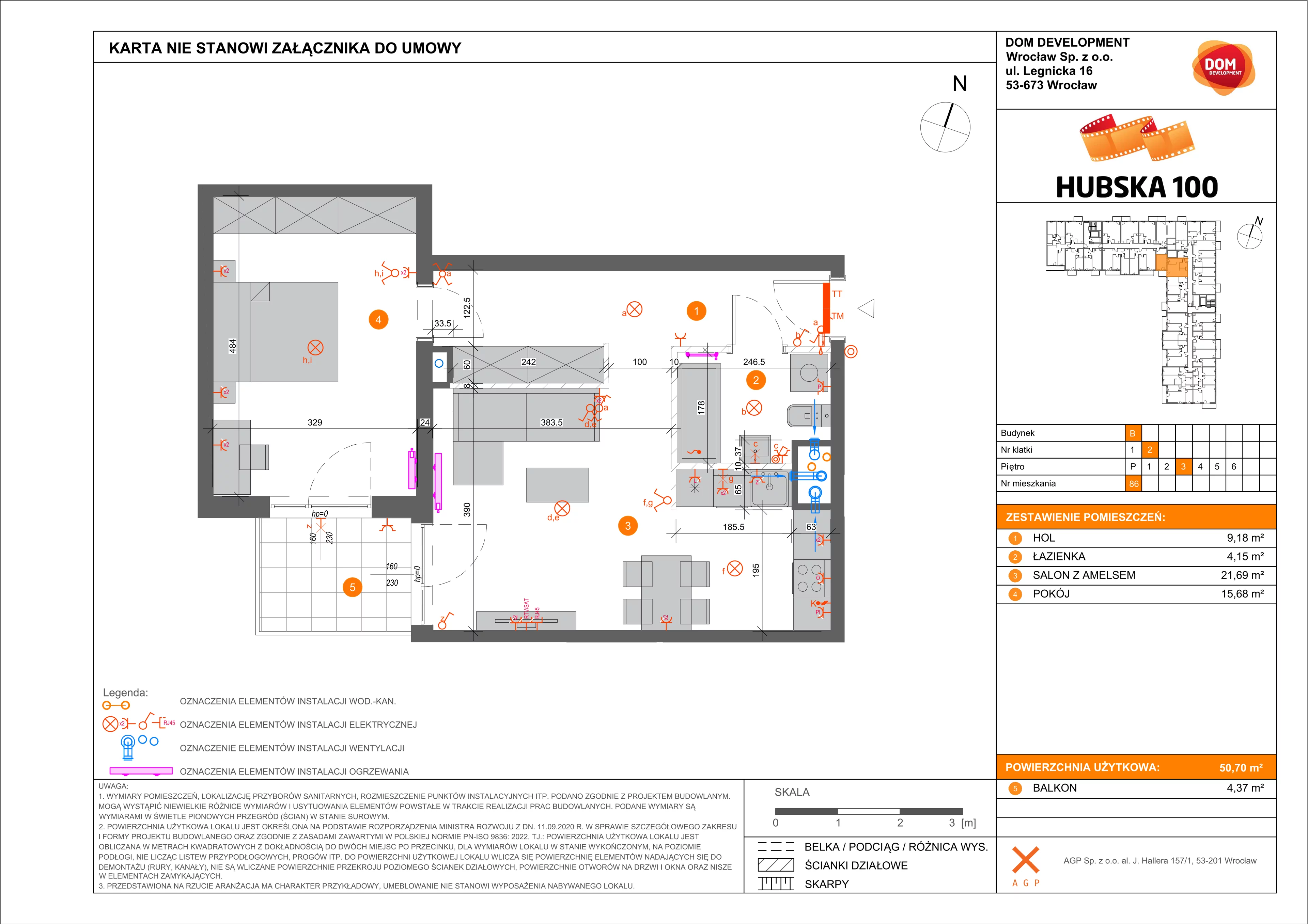 Mieszkanie 50,70 m², piętro 3, oferta nr B/86, Hubska 100, Wrocław, Huby, Krzyki, ul. Hubska 100