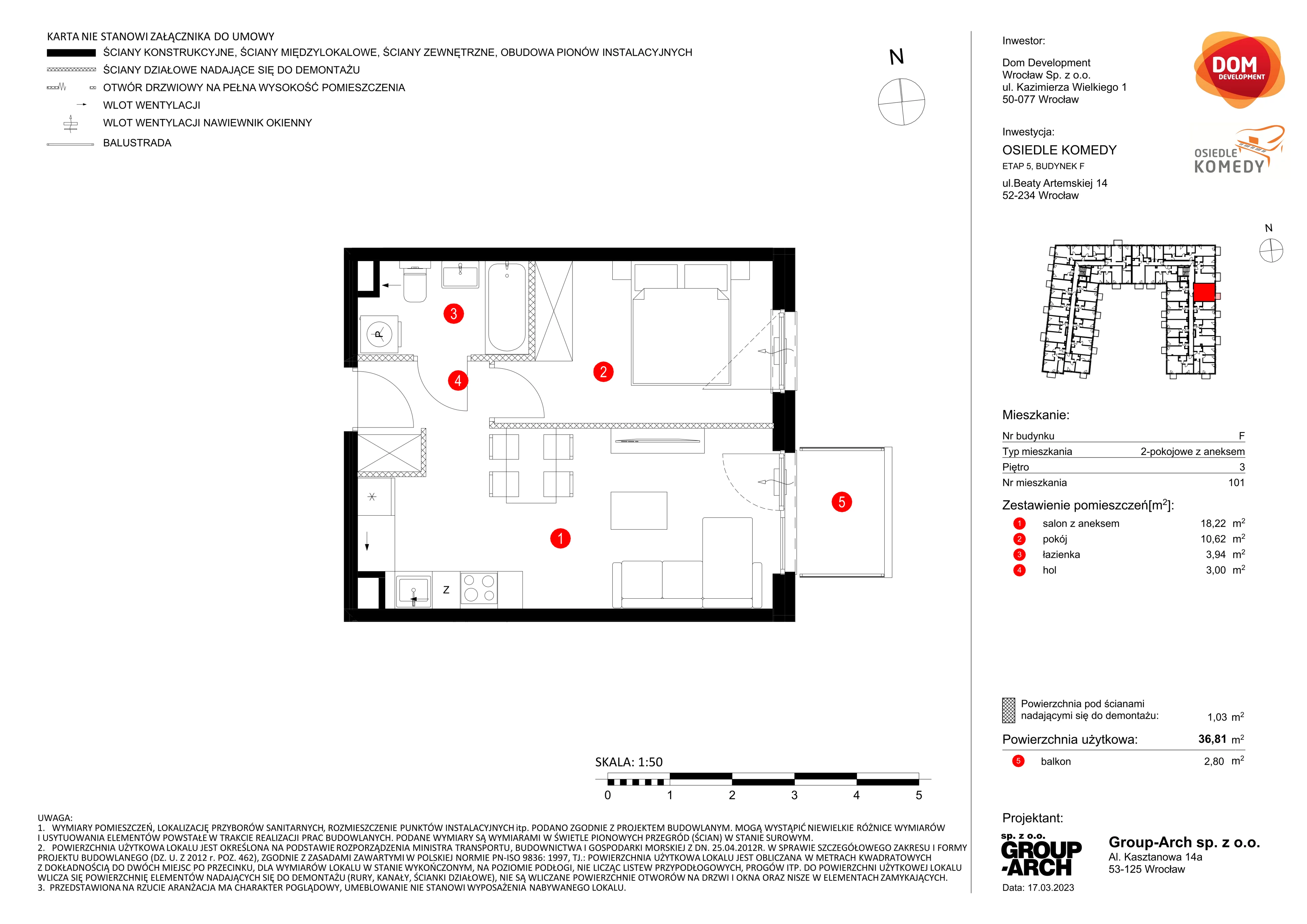 Mieszkanie 36,81 m², piętro 3, oferta nr F/101, Osiedle Komedy, Wrocław, Jagodno, Krzyki, ul. Komedy 1B