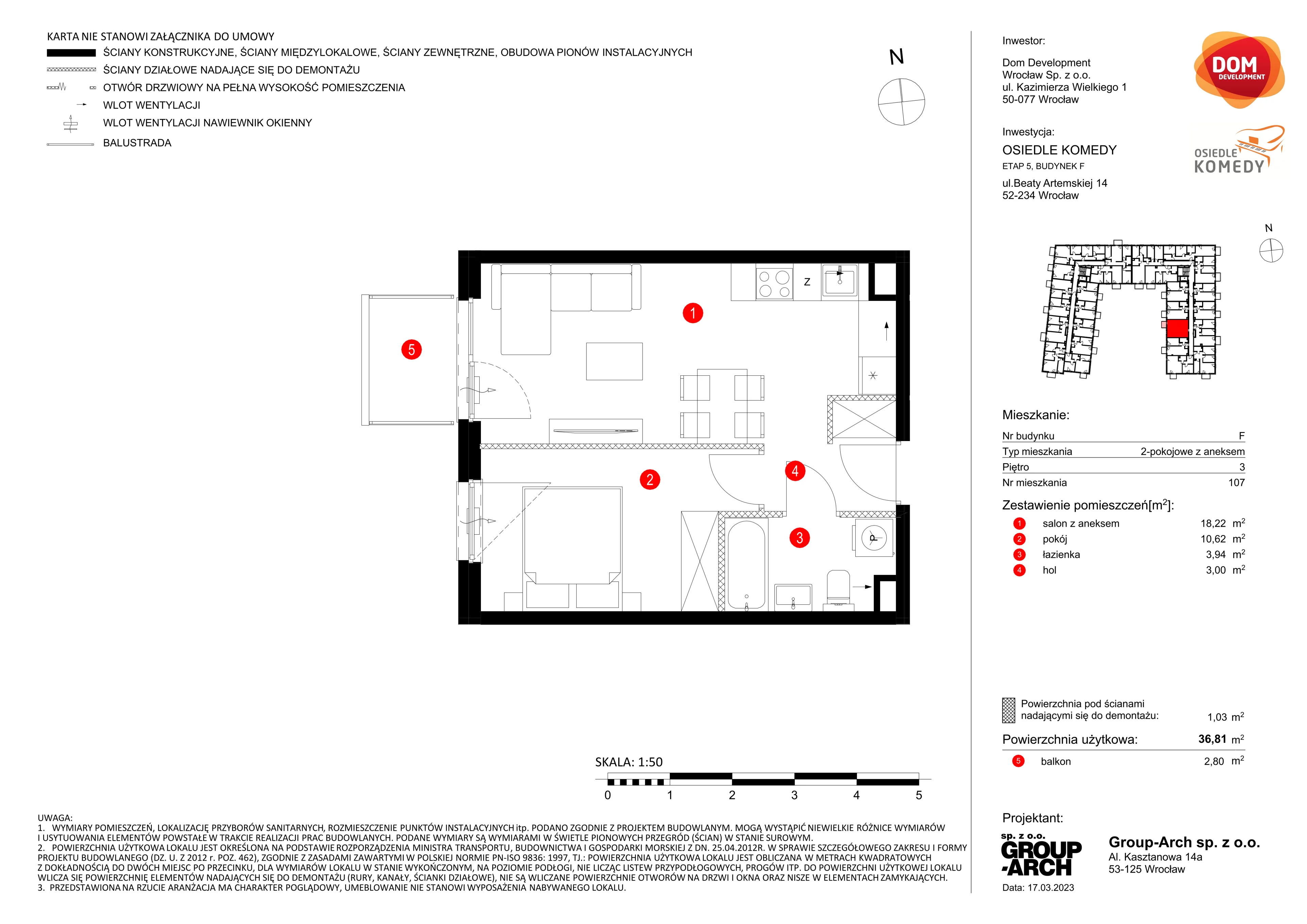 Mieszkanie 36,81 m², piętro 3, oferta nr F/107, Osiedle Komedy, Wrocław, Jagodno, Krzyki, ul. Komedy 1B