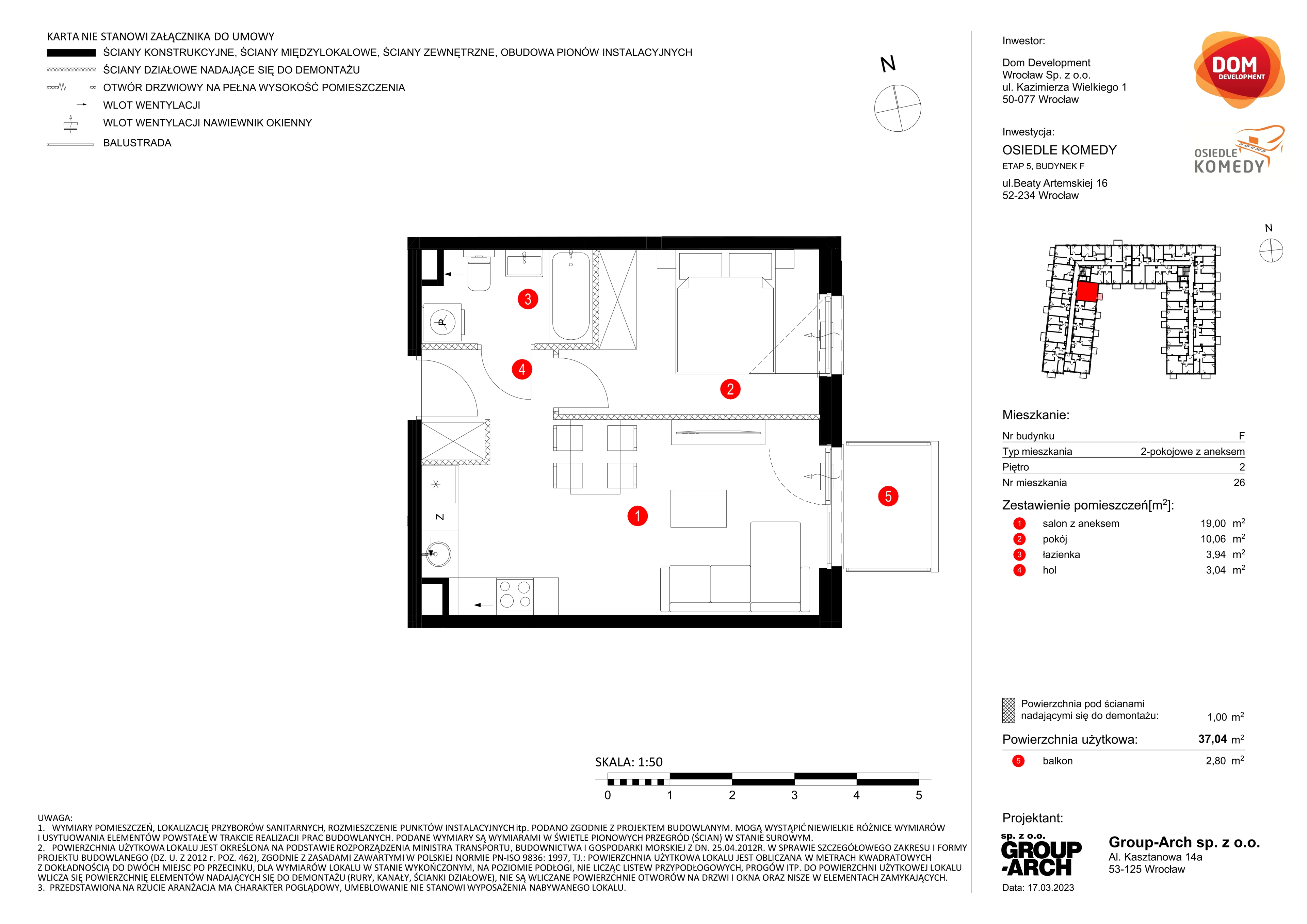 Mieszkanie 37,04 m², piętro 2, oferta nr F/26, Osiedle Komedy, Wrocław, Jagodno, Krzyki, ul. Komedy 1B
