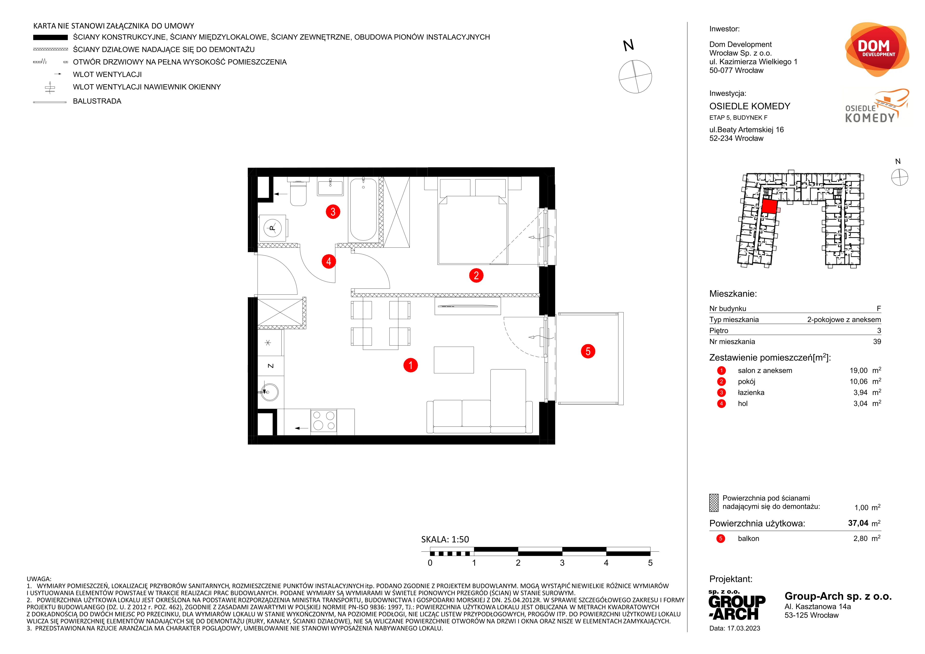 Mieszkanie 37,04 m², piętro 3, oferta nr F/39, Osiedle Komedy, Wrocław, Jagodno, Krzyki, ul. Komedy 1B