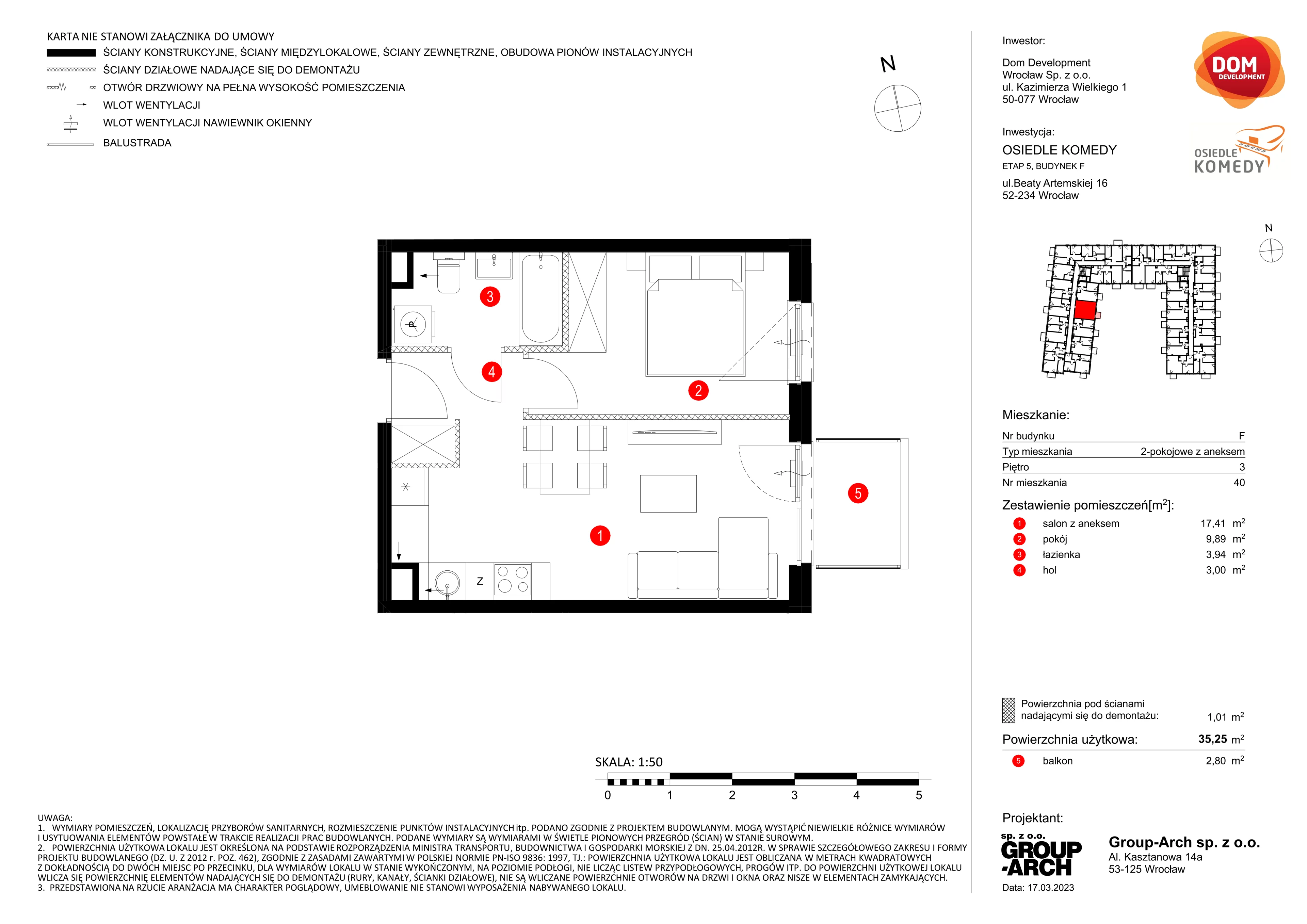 Mieszkanie 35,25 m², piętro 3, oferta nr F/40, Osiedle Komedy, Wrocław, Jagodno, Krzyki, ul. Komedy 1B