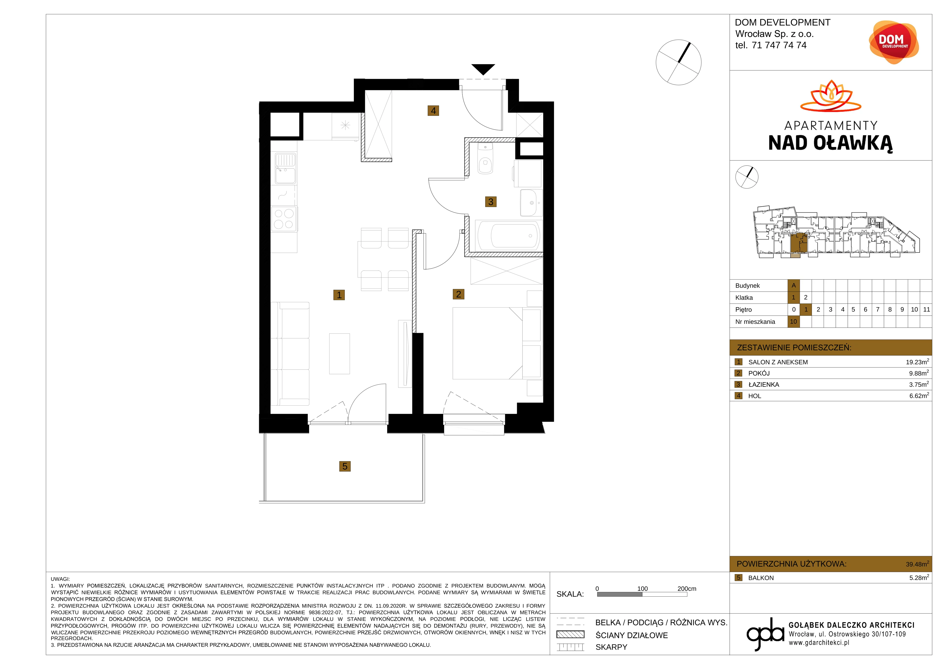 2 pokoje, mieszkanie 39,48 m², piętro 1, oferta nr A/10, Apartamenty nad Oławką, Wrocław, Przedmieście Oławskie, Krzyki, ul. Krakowska 98