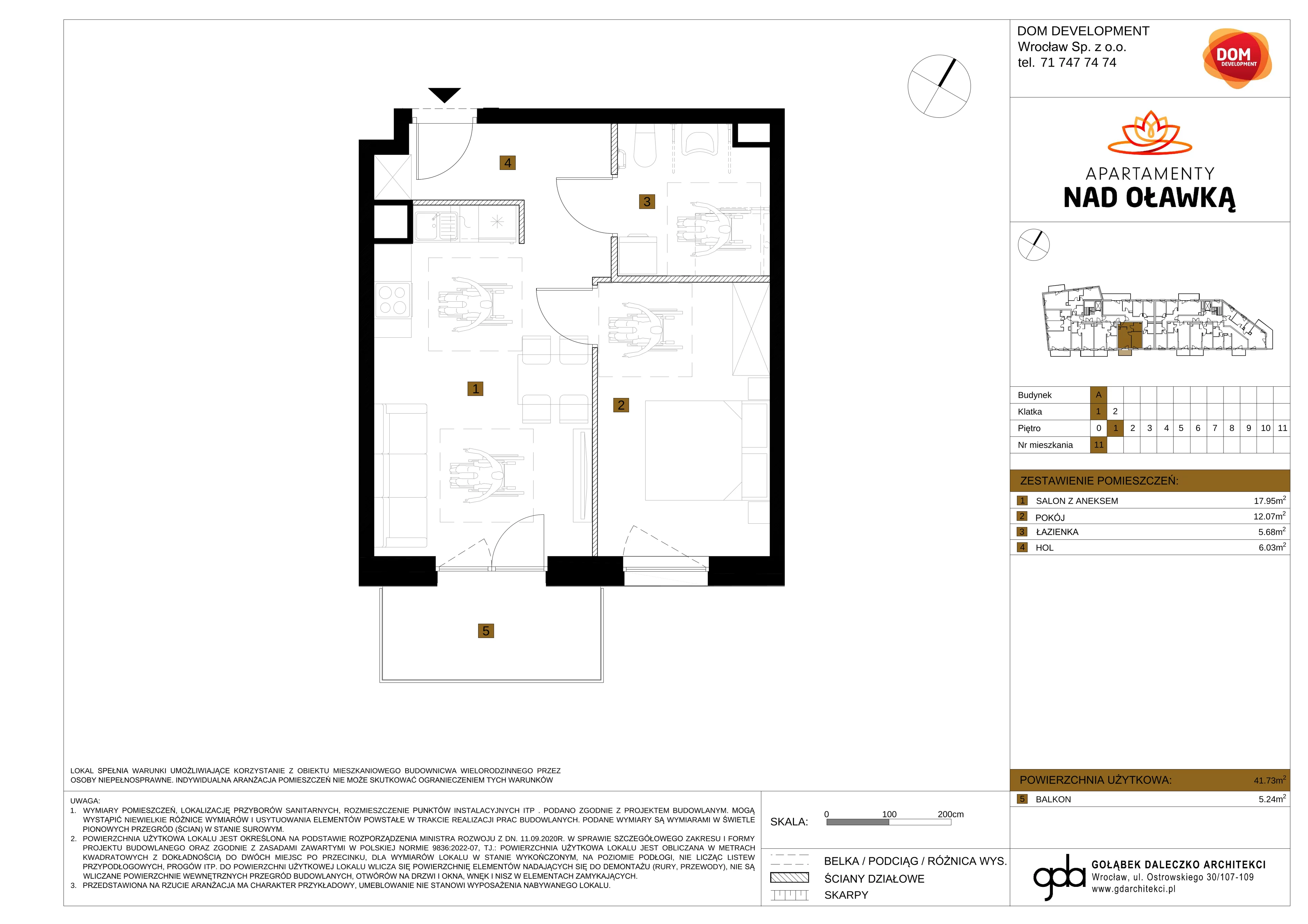 2 pokoje, mieszkanie 41,73 m², piętro 1, oferta nr A/11, Apartamenty nad Oławką, Wrocław, Przedmieście Oławskie, Krzyki, ul. Krakowska 98