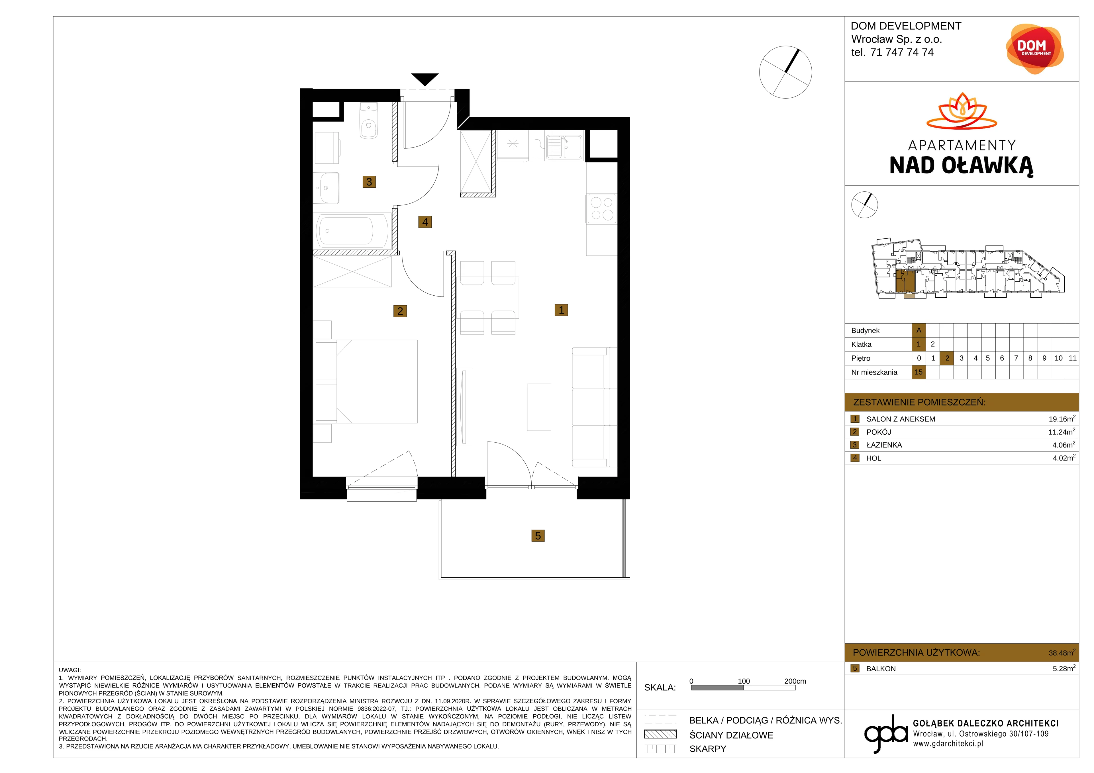 2 pokoje, mieszkanie 38,48 m², piętro 2, oferta nr A/15, Apartamenty nad Oławką, Wrocław, Przedmieście Oławskie, Krzyki, ul. Krakowska 98