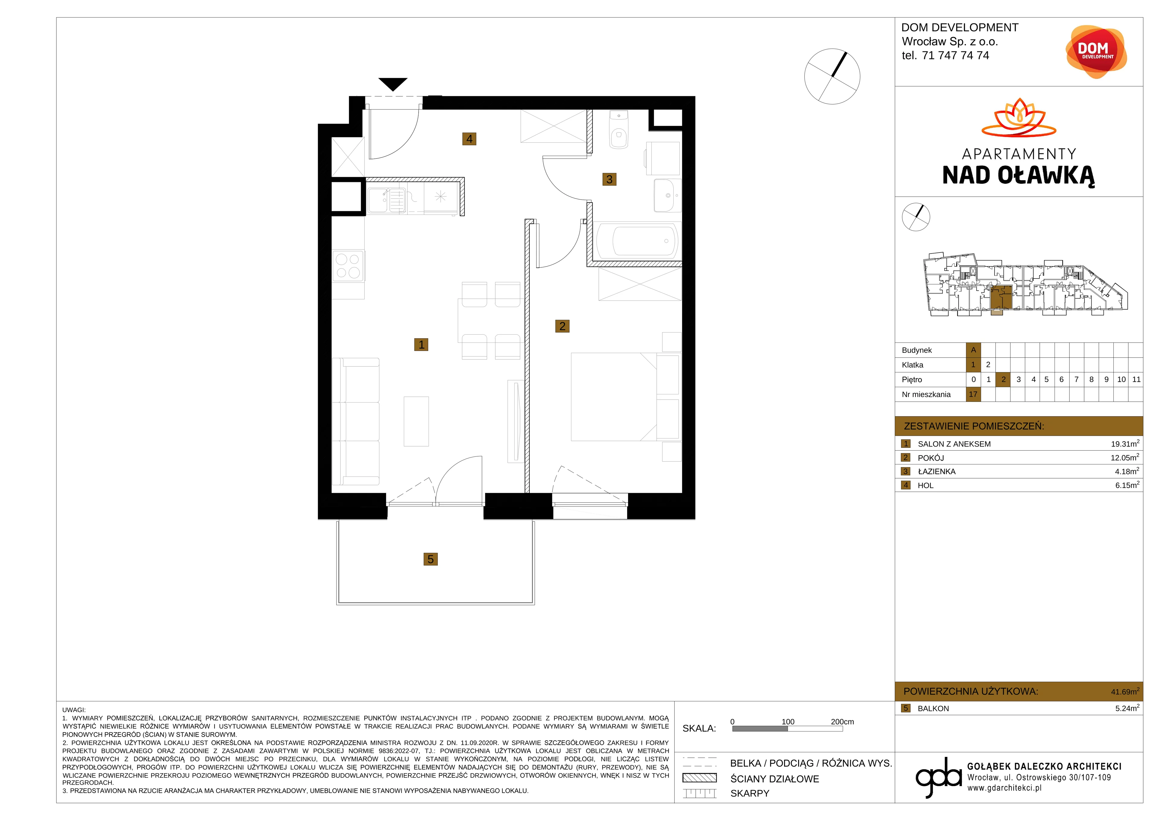 2 pokoje, mieszkanie 41,69 m², piętro 2, oferta nr A/17, Apartamenty nad Oławką, Wrocław, Przedmieście Oławskie, Krzyki, ul. Krakowska 98