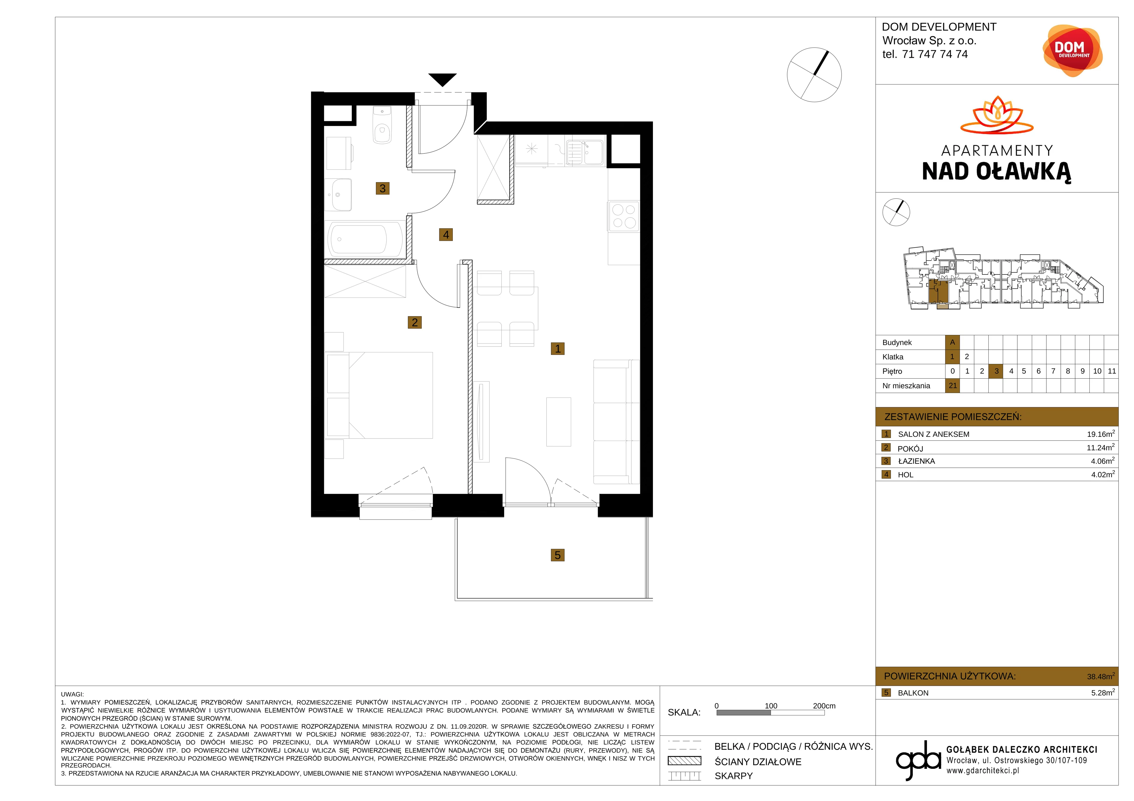 2 pokoje, mieszkanie 38,48 m², piętro 3, oferta nr A/21, Apartamenty nad Oławką, Wrocław, Przedmieście Oławskie, Krzyki, ul. Krakowska 98