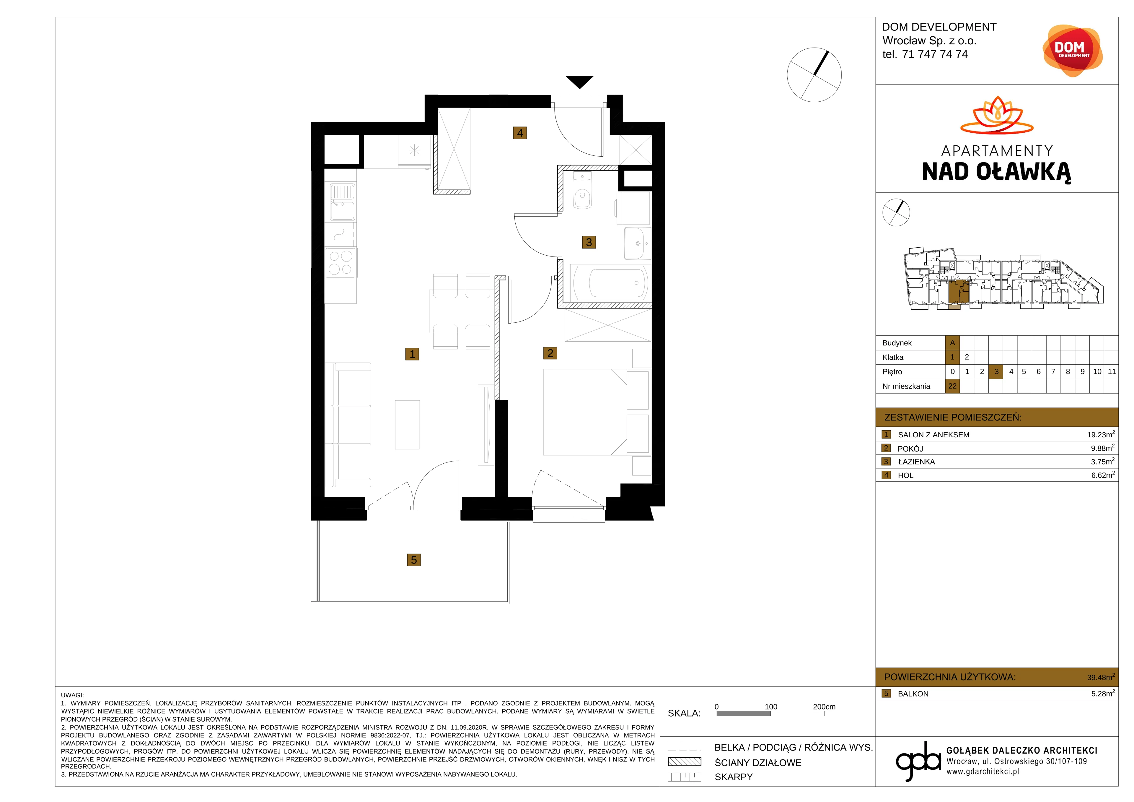 2 pokoje, mieszkanie 39,48 m², piętro 3, oferta nr A/22, Apartamenty nad Oławką, Wrocław, Przedmieście Oławskie, Krzyki, ul. Krakowska 98