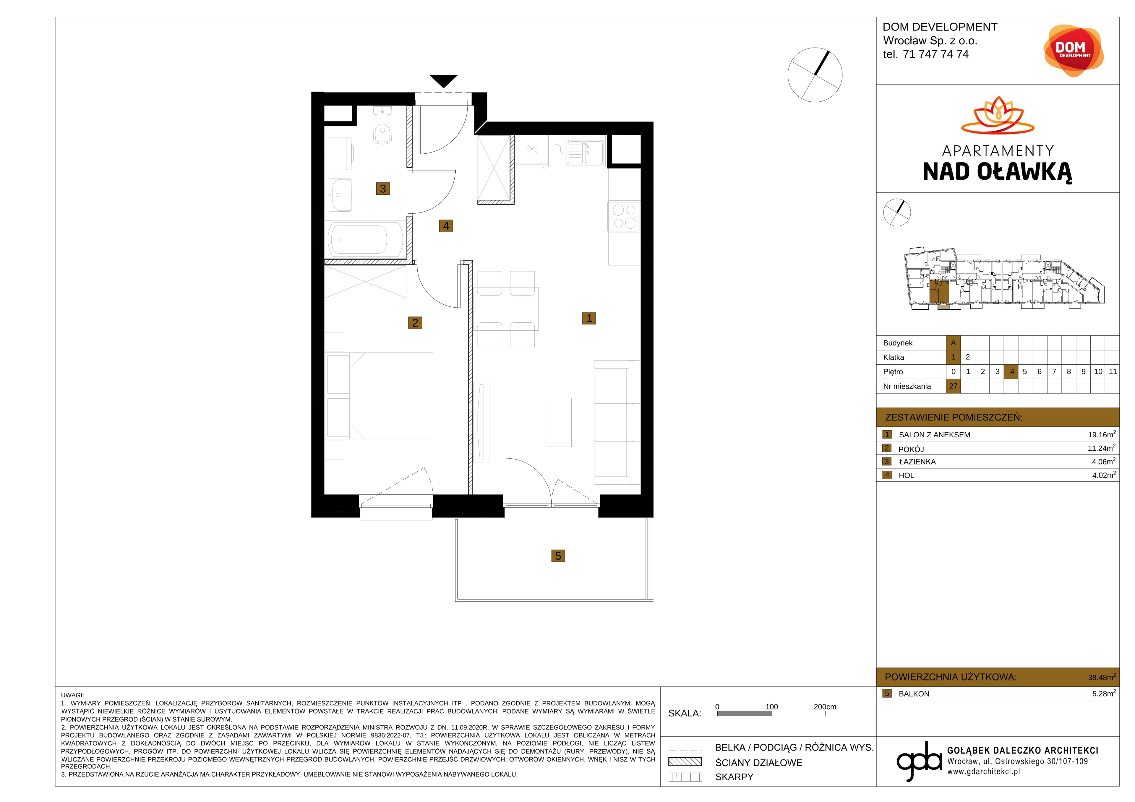 2 pokoje, mieszkanie 38,48 m², piętro 4, oferta nr A/27, Apartamenty nad Oławką, Wrocław, Przedmieście Oławskie, Krzyki, ul. Krakowska 98