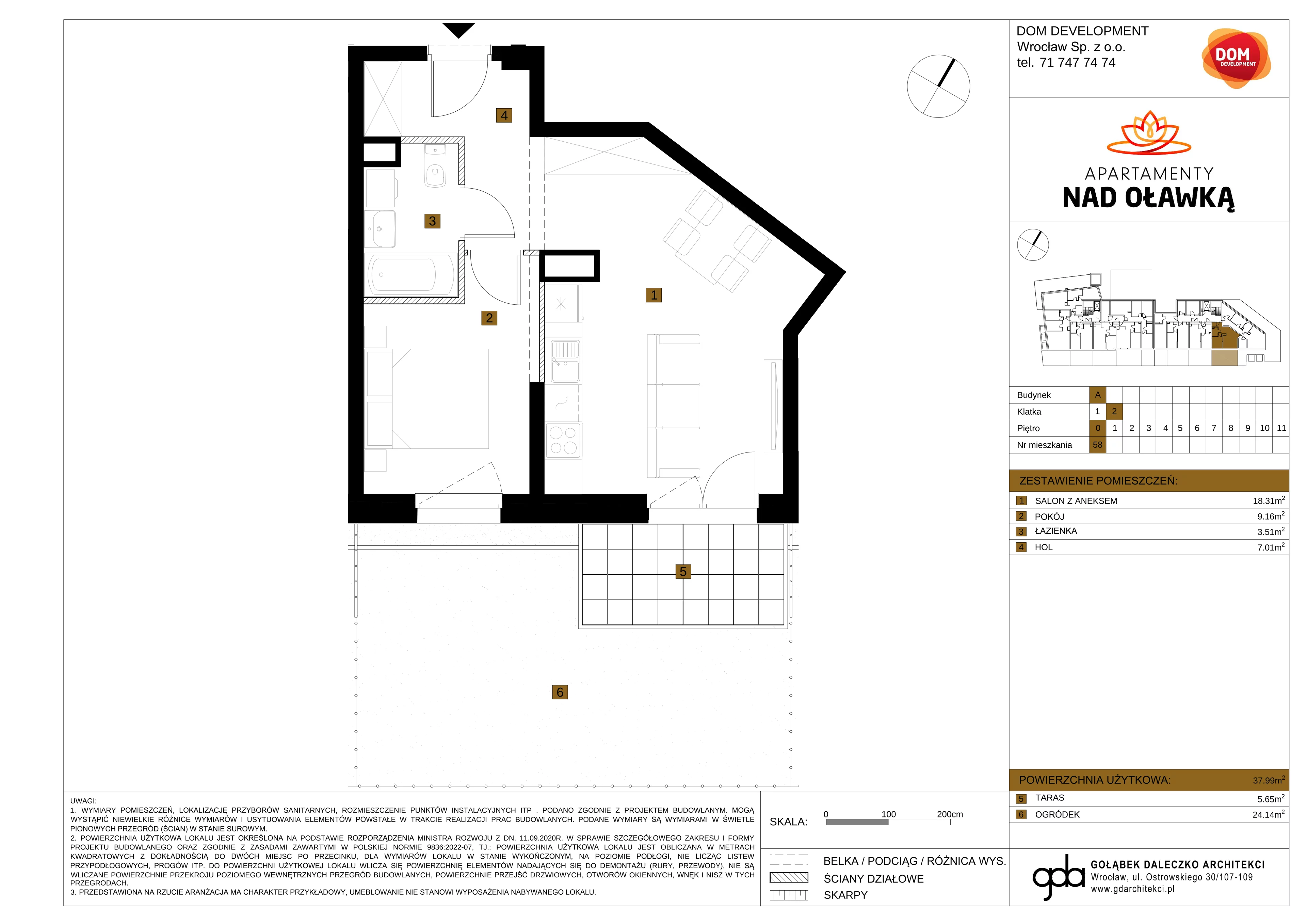 2 pokoje, mieszkanie 37,99 m², parter, oferta nr A/58, Apartamenty nad Oławką, Wrocław, Przedmieście Oławskie, Krzyki, ul. Krakowska 98