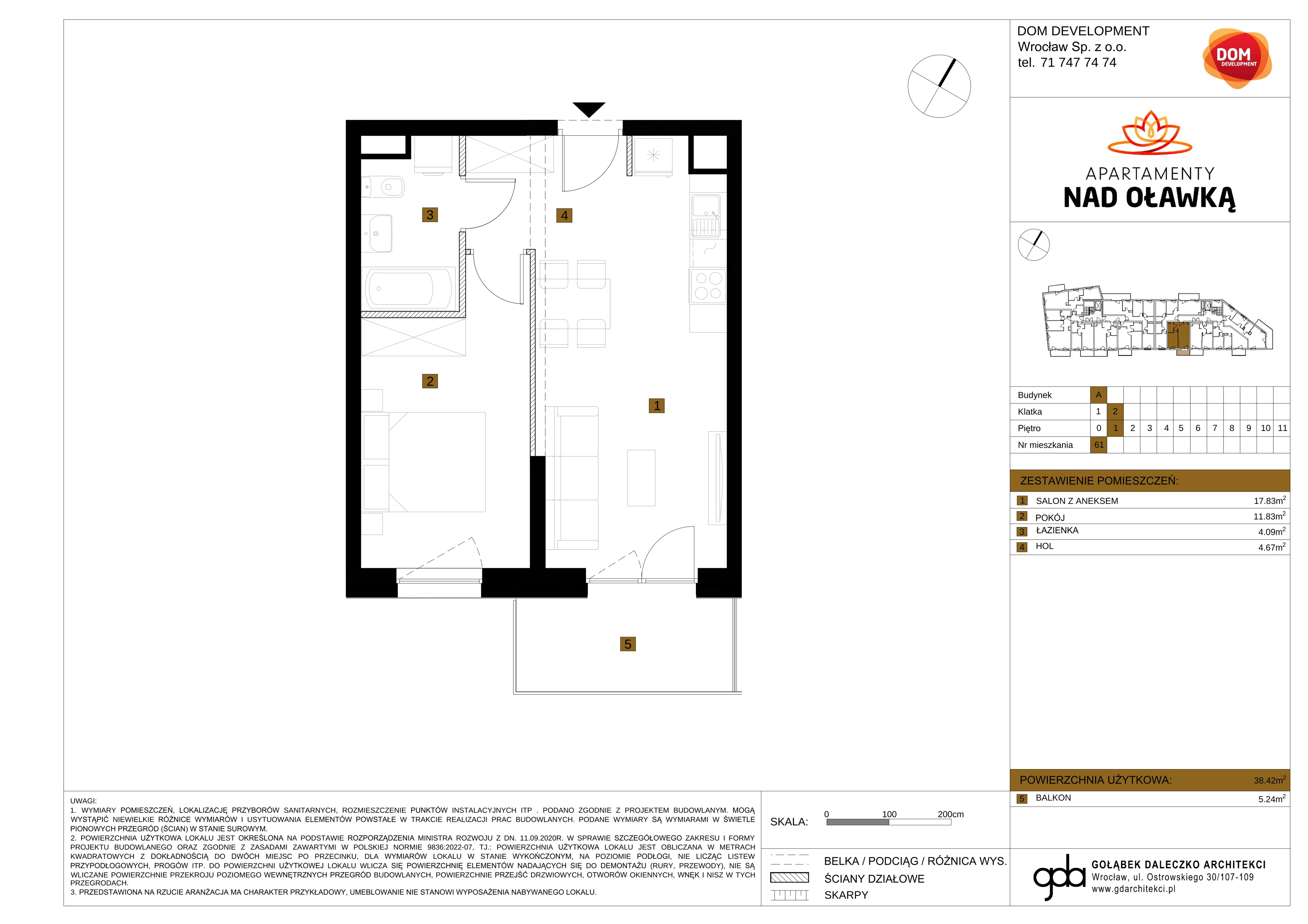 2 pokoje, mieszkanie 38,42 m², piętro 1, oferta nr A/61, Apartamenty nad Oławką, Wrocław, Przedmieście Oławskie, Krzyki, ul. Krakowska 98