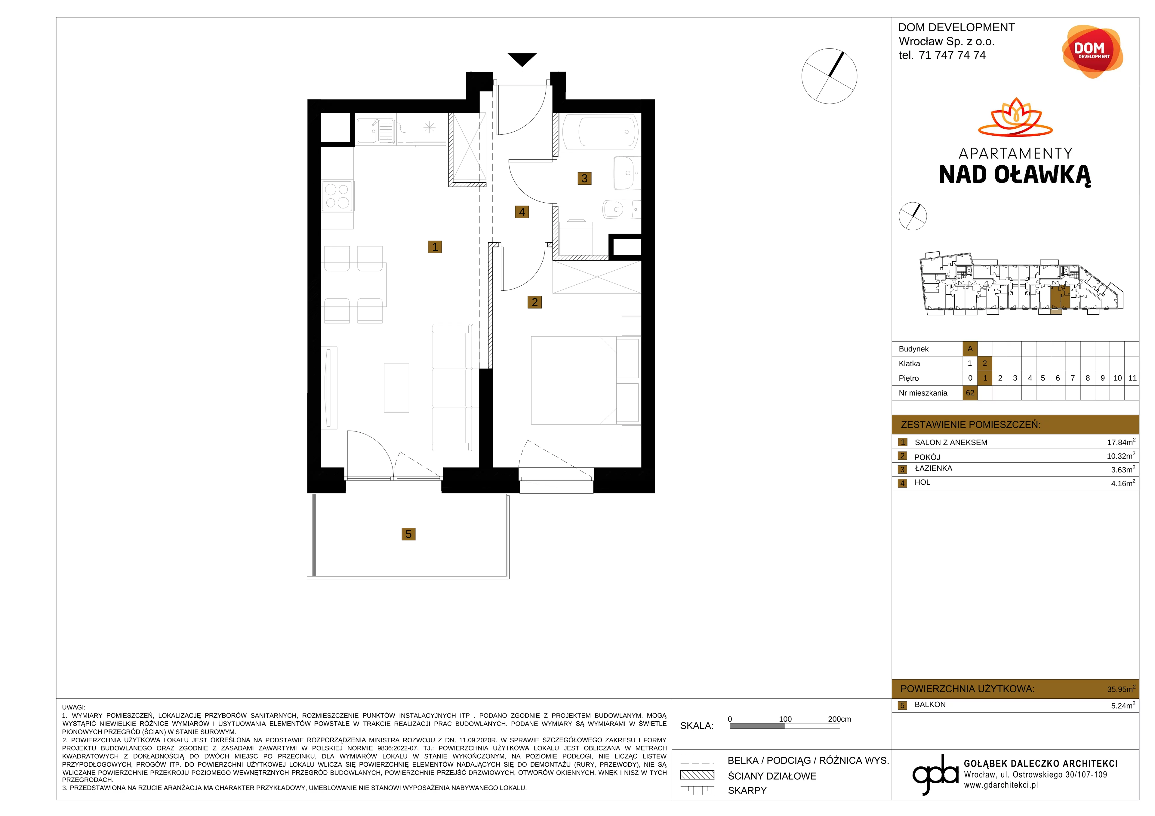 2 pokoje, mieszkanie 35,95 m², piętro 1, oferta nr A/62, Apartamenty nad Oławką, Wrocław, Przedmieście Oławskie, Krzyki, ul. Krakowska 98